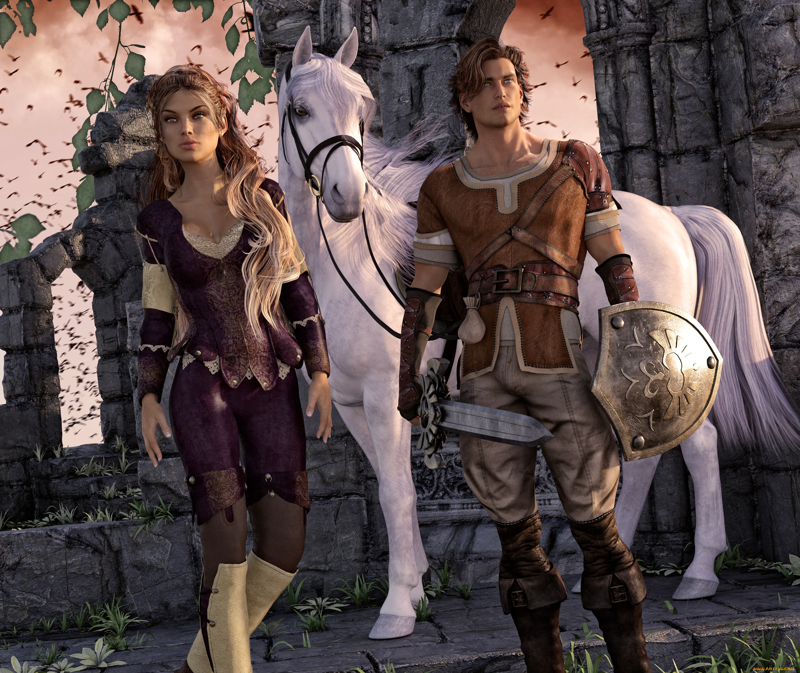 3д, графика, люди, , people, парень, фон, лошадь, взгляд, оружие, девушка