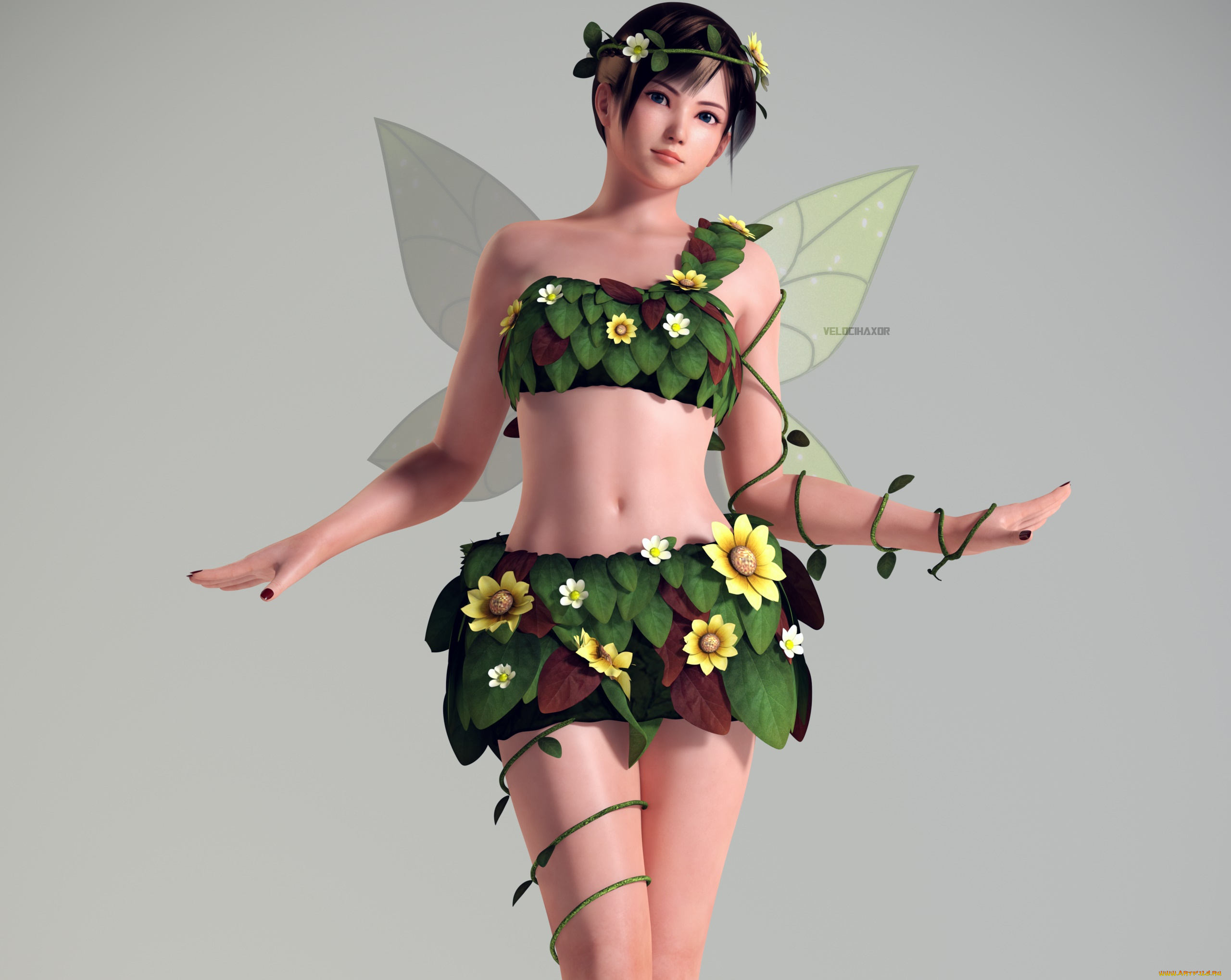 3д, графика, эльфы, , elves, цветы, взгляд, фон, фея