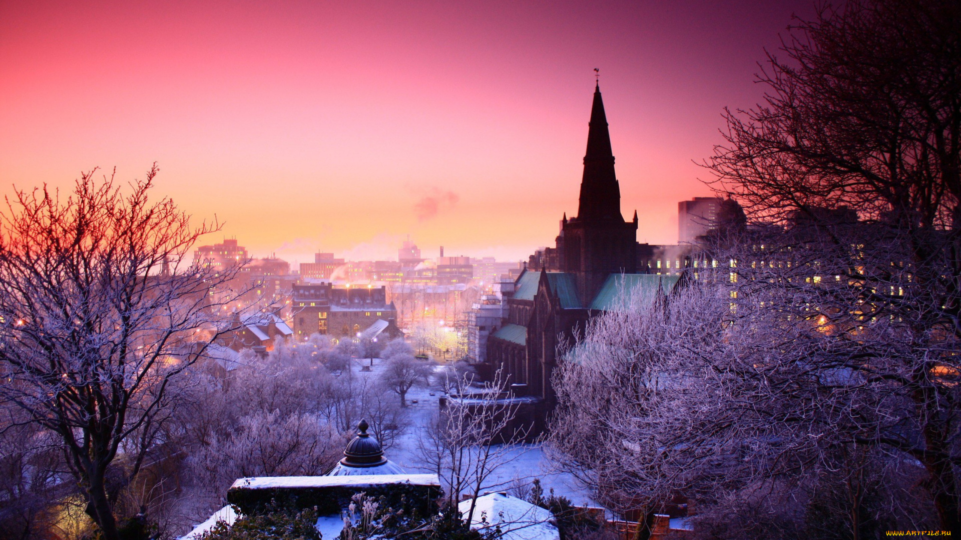 города, -, панорамы, вечер, огни, деревья, снег, здания, дома, город, зима, панорама