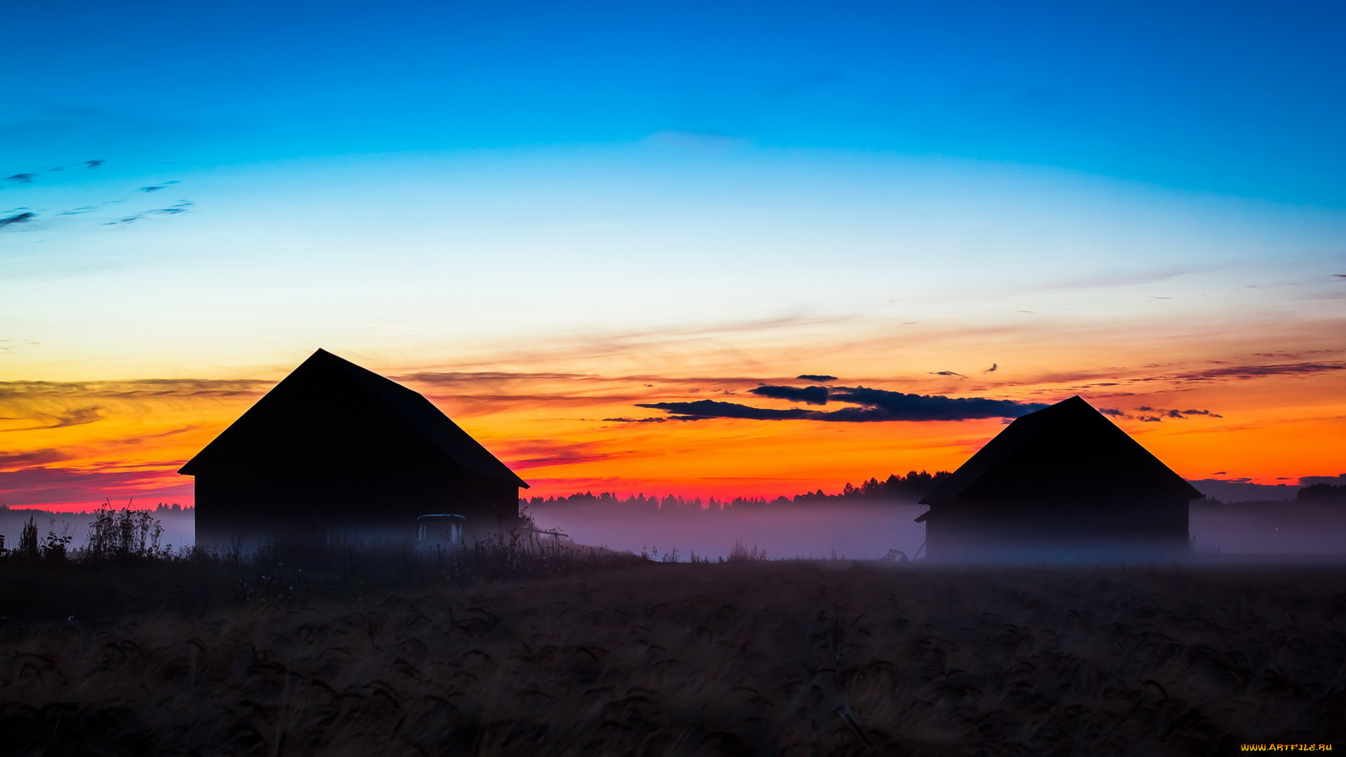 города, -, здания, , дома, дома, туман, закат