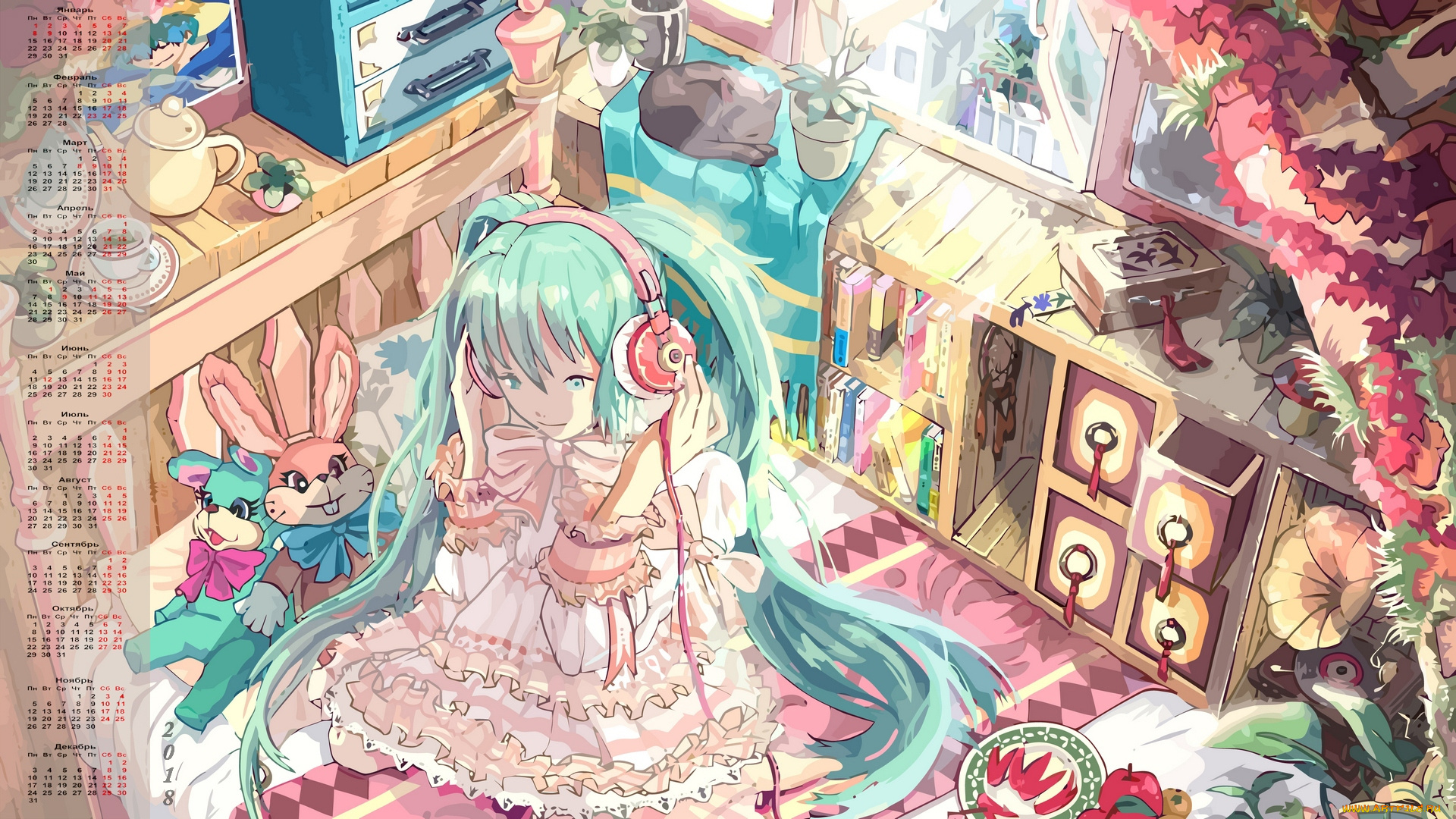 календари, аниме, мебель, игрушки, кошка, 2018, девочка, наушники