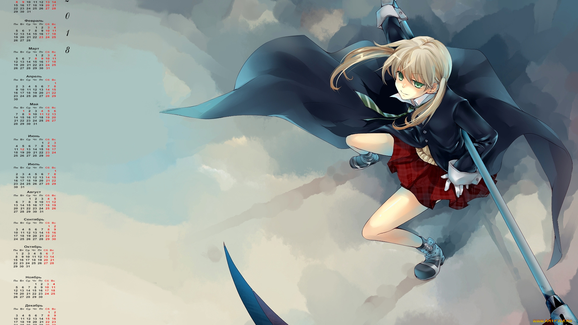 календари, аниме, оружие, девушка, взгляд, 2018