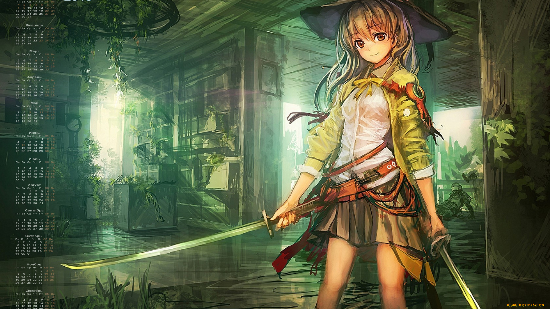 календари, аниме, шляпа, оружие, взгляд, 2018, девушка