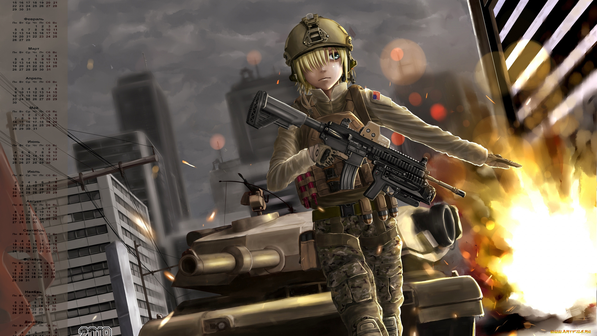 календари, аниме, танк, орудие, взгляд, девушка, 2018, взрыв