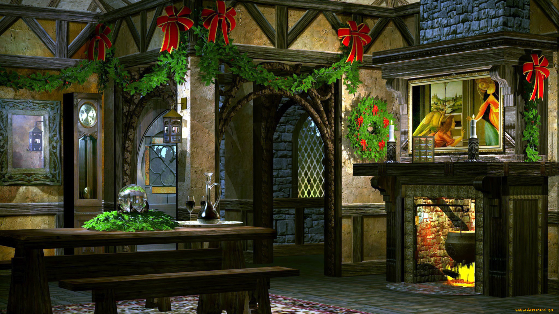 праздничные, новогодний, очаг, украшения, котел, стол, камин