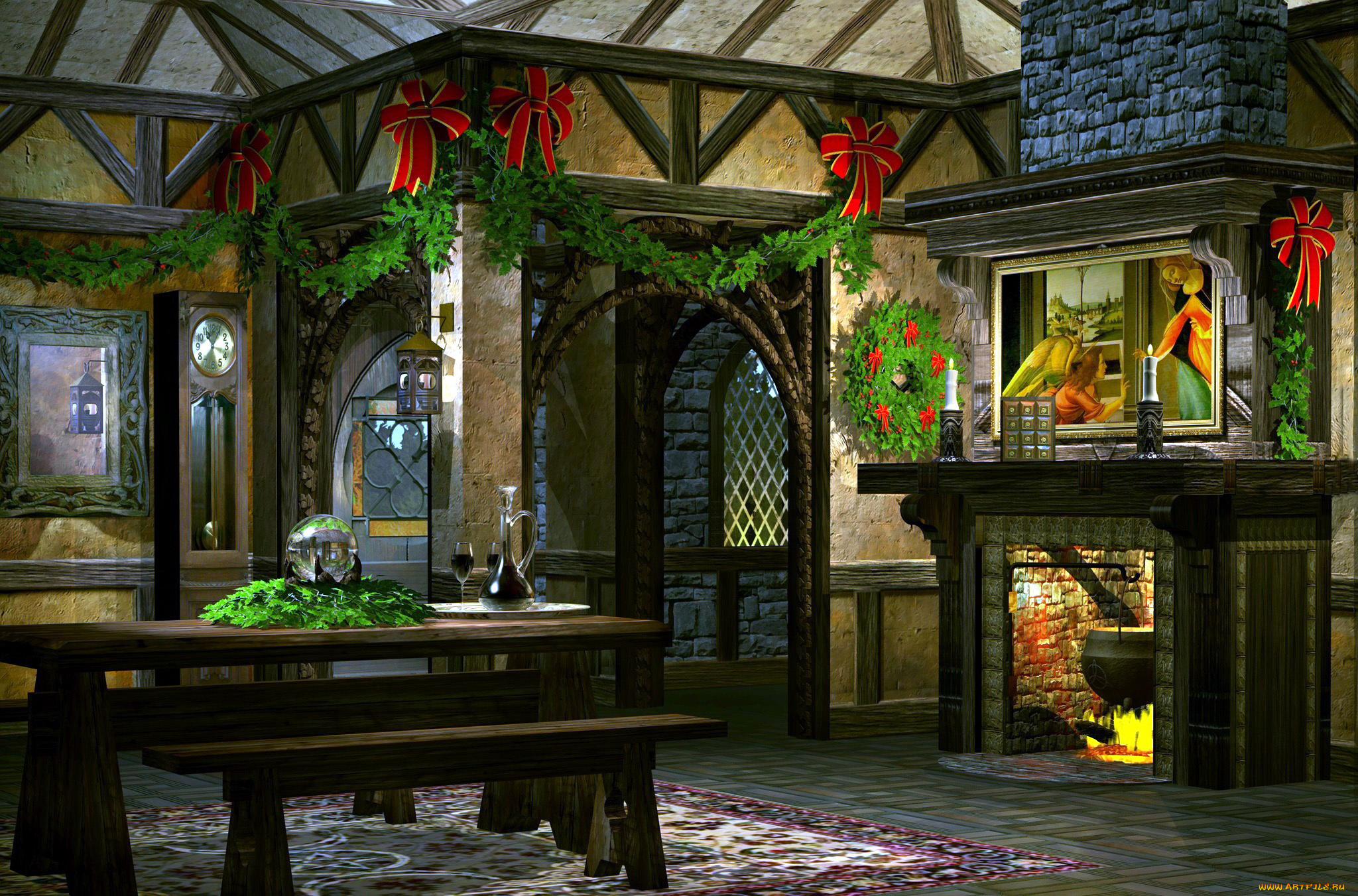 праздничные, новогодний, очаг, украшения, котел, стол, камин