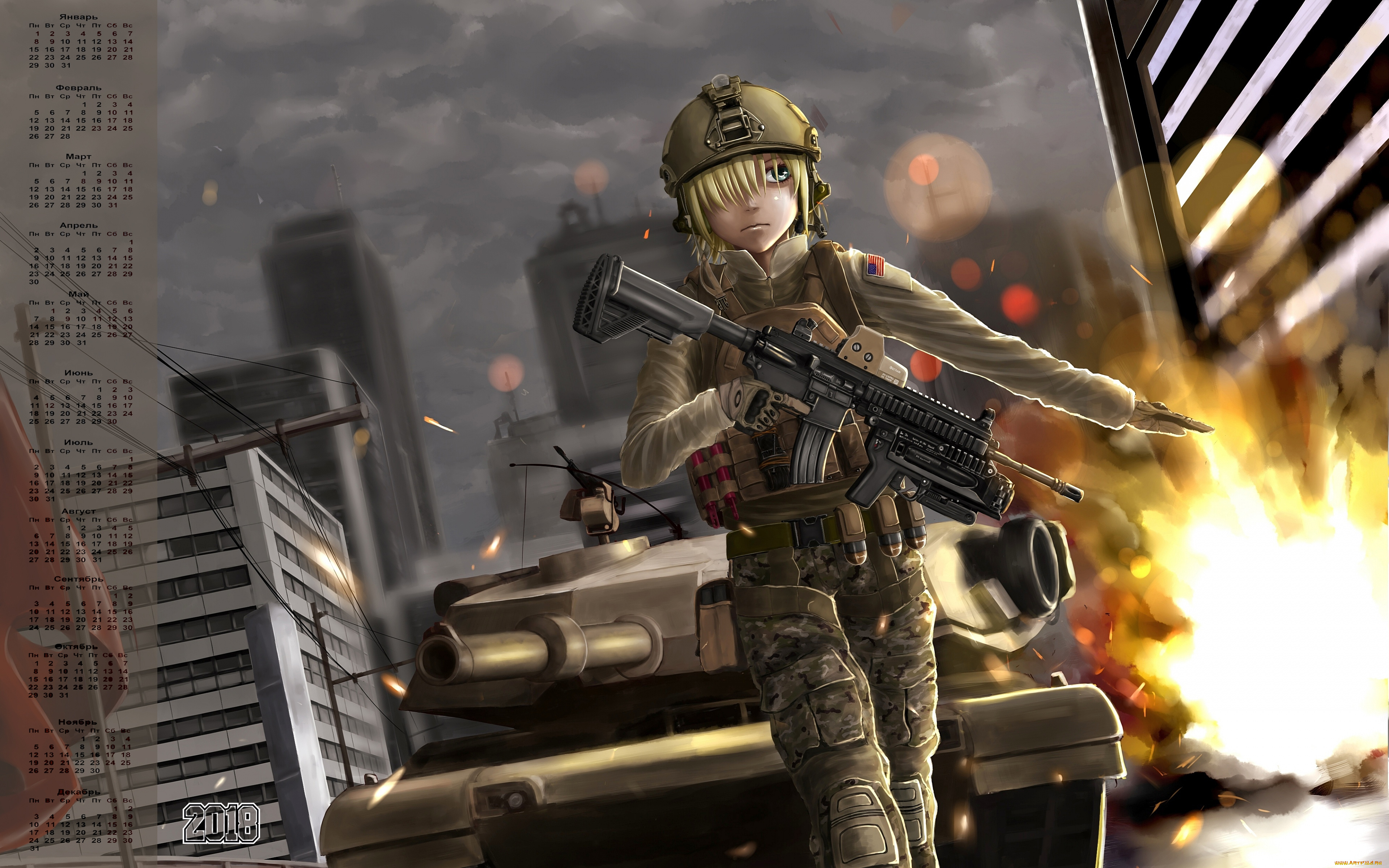 календари, аниме, танк, орудие, взгляд, девушка, 2018, взрыв