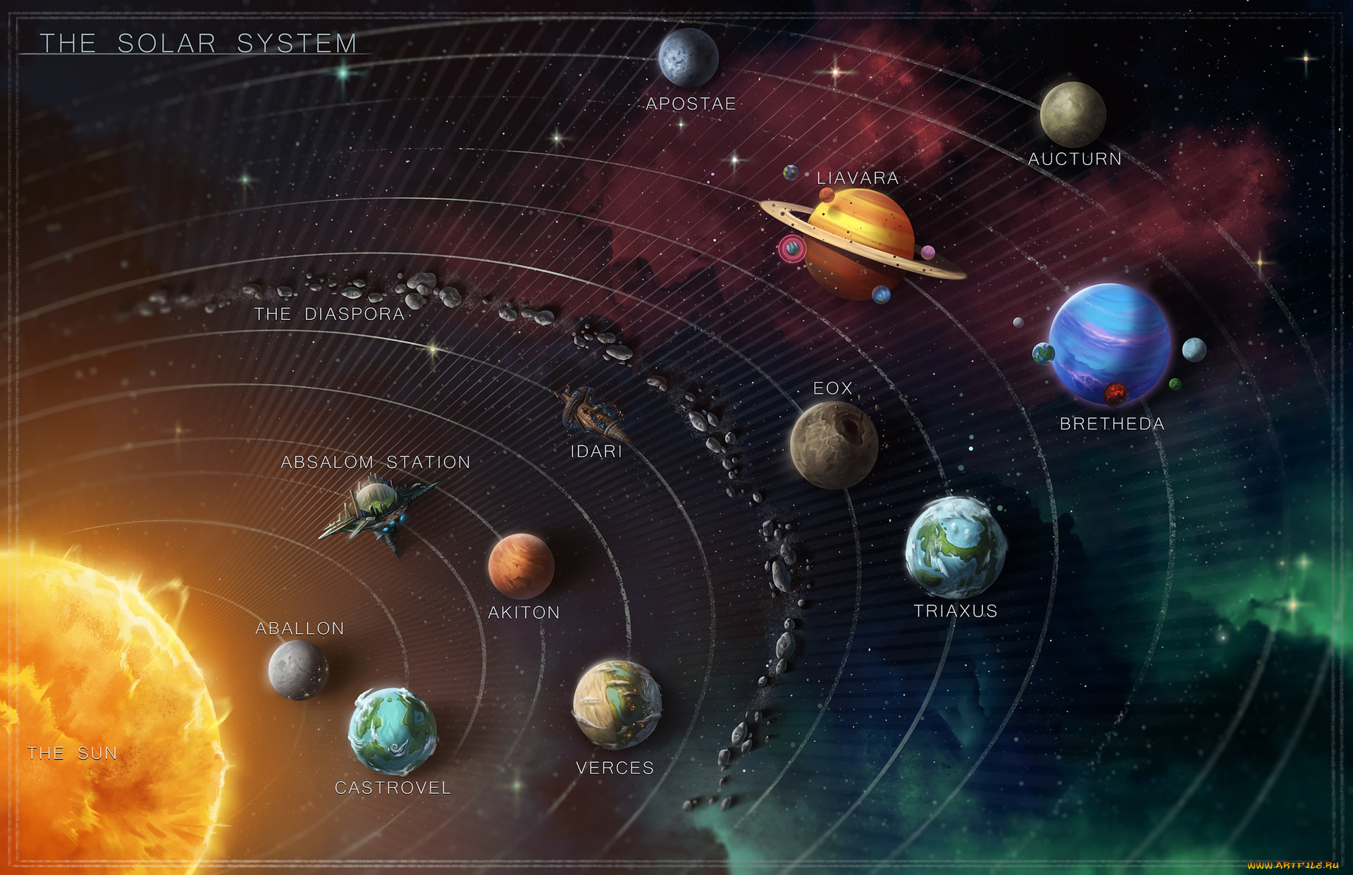космос, разное, другое, idari, игра, солнце, castrovel, illustration, система, астероиды, space, арт, разметка, сетка, планеты, звезда, планета, the, diaspora, akiton, aballon, verces, absalom, station, sun, solar, system, science, fiction, outer, rpg