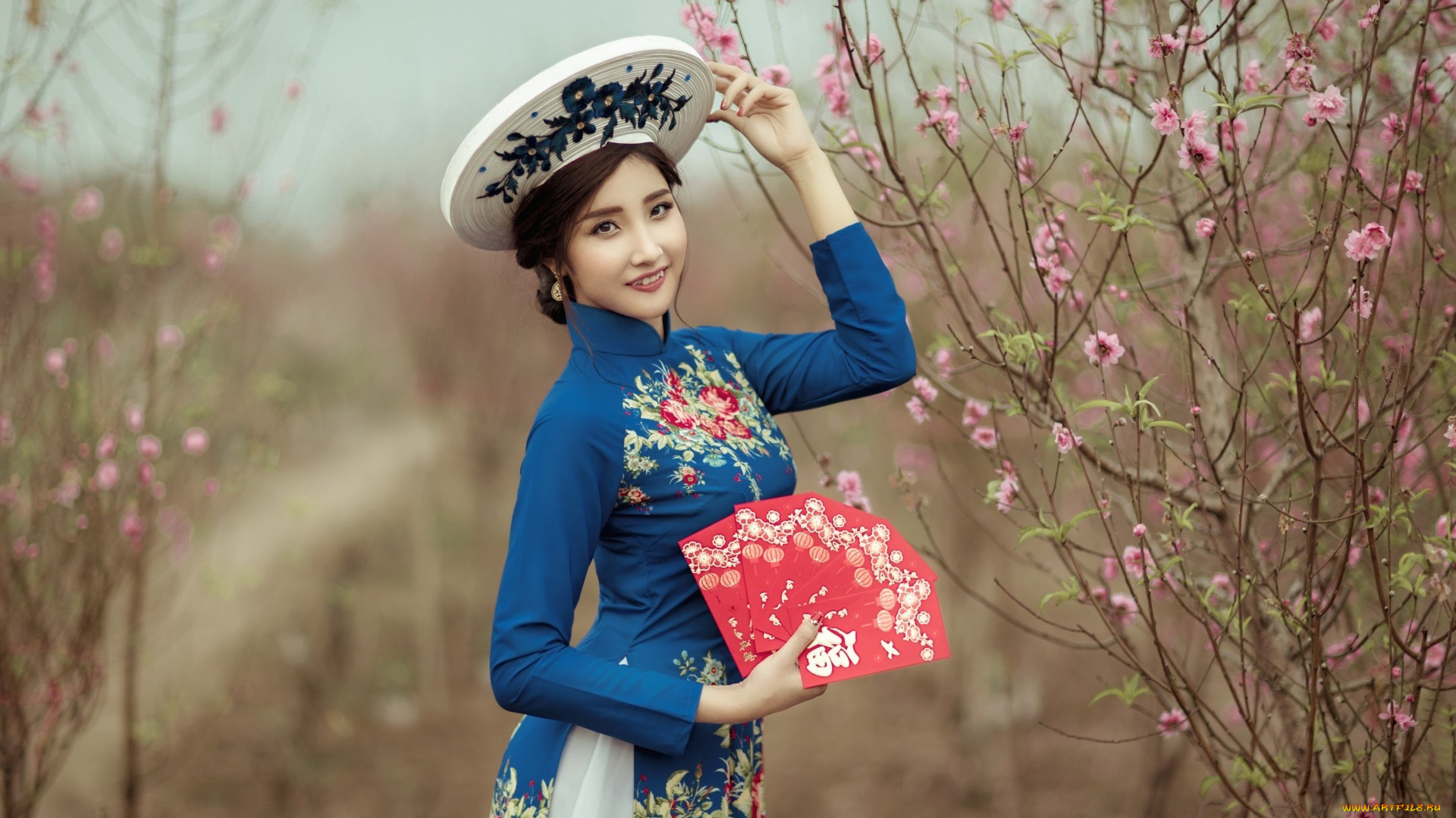 девушки, -, азиатки, национальный, наряд, веер, шляпа