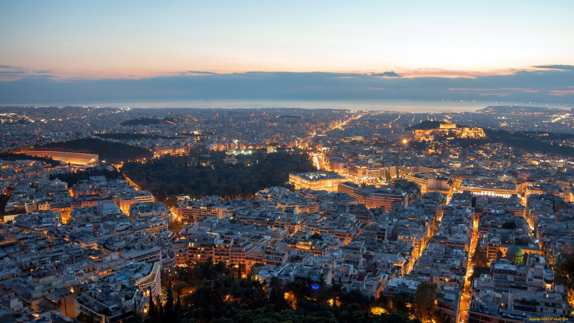 города, афины, , греция, панорама, ночь, огни