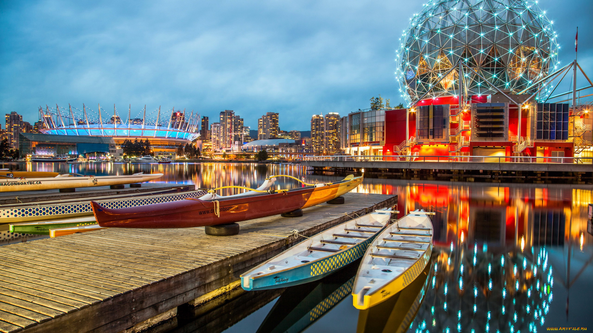 города, ванкувер, , канада, река, вечер, огни