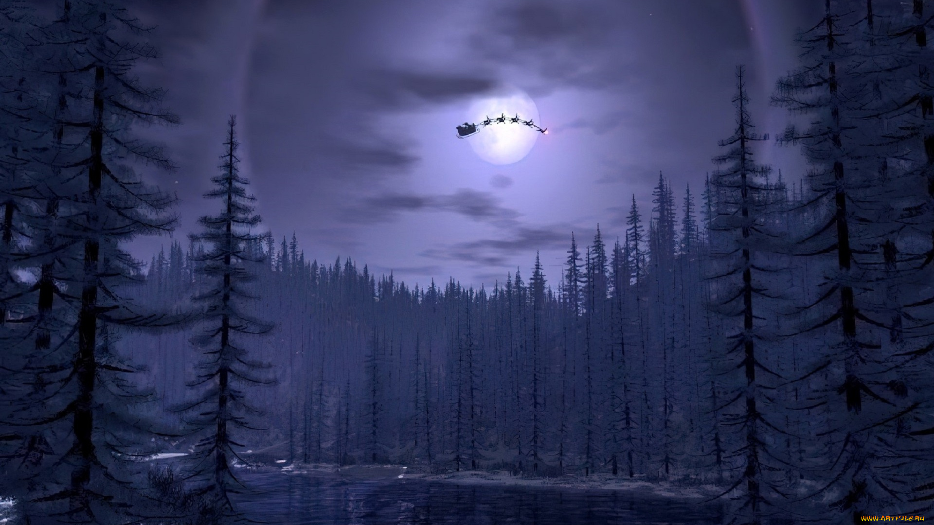 праздничные, 3д, графика, , новый, год, санта-клаус, олени, полет, лес, снег, река