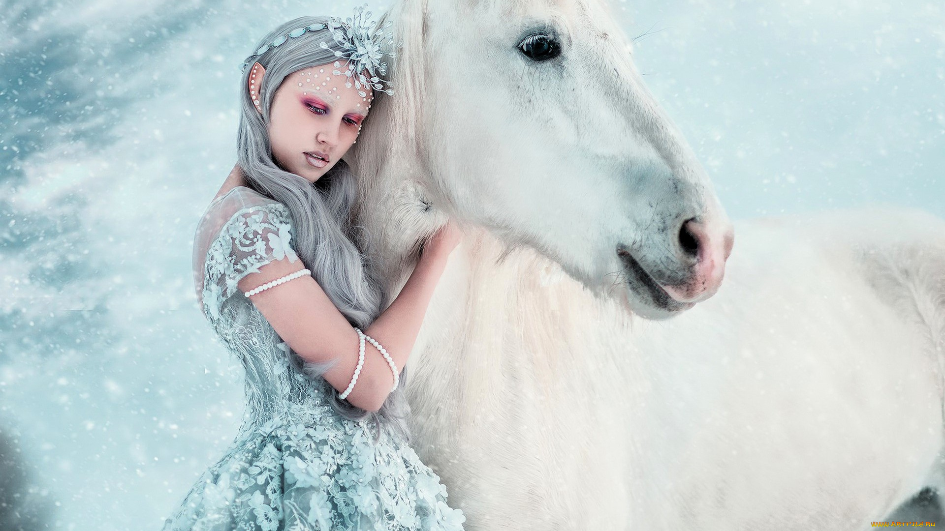 девушки, -, креатив, , косплей, образ, косплей, наряд, костюм, платье, лошадь, зима, снег