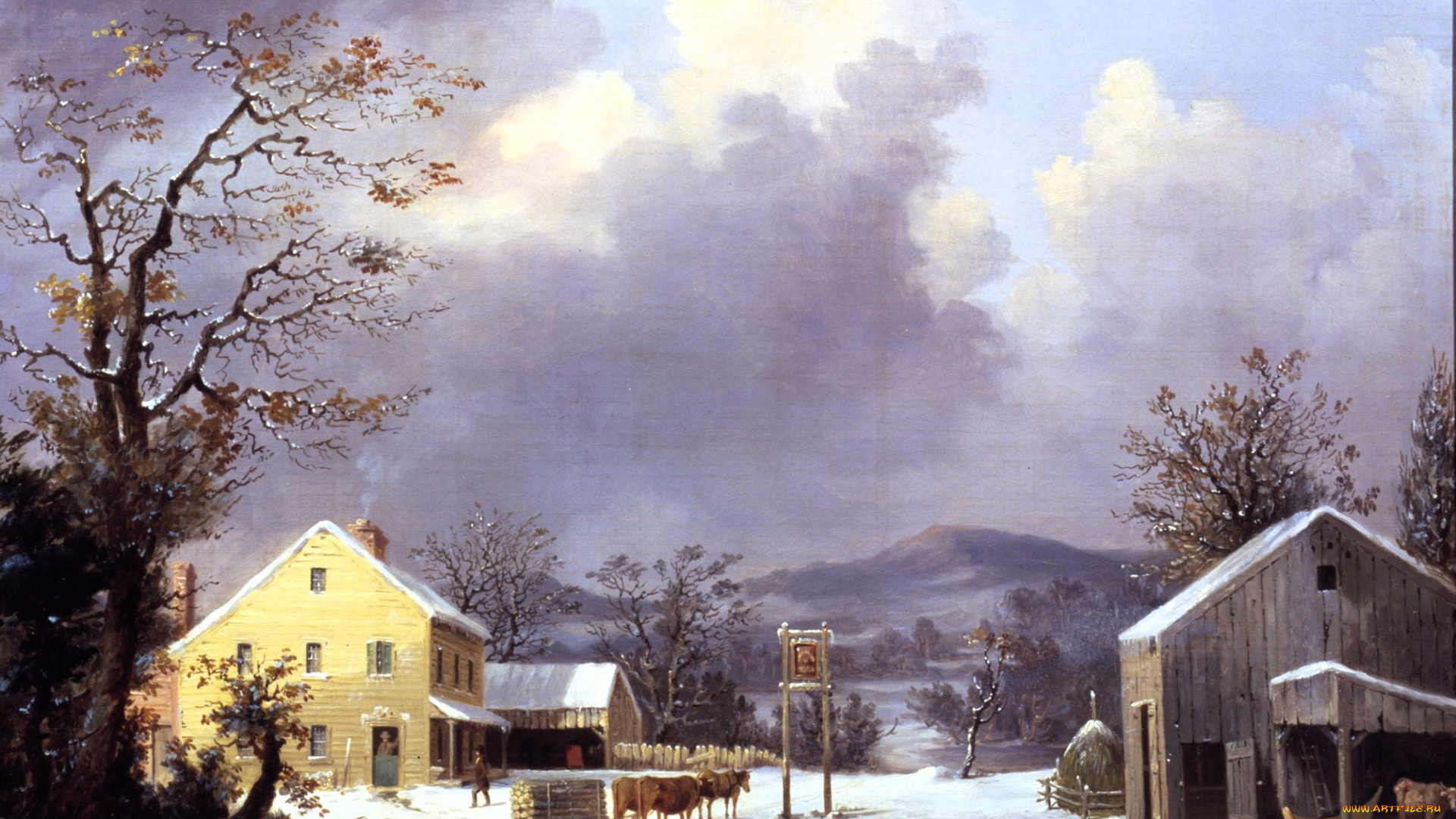 durrie, jones-in, winterweb, рисованное, живопись, зима, снег, горы, дома, деревья, сани