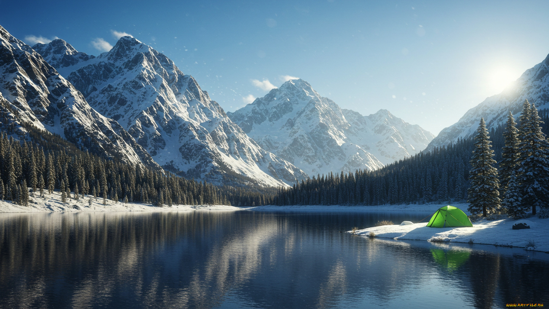 красота, 3д, графика, природа, , nature, небо, облака, солнце, горы, скалы, снег, зима, деревья, лес, озеро, берега, палатка, зелёная