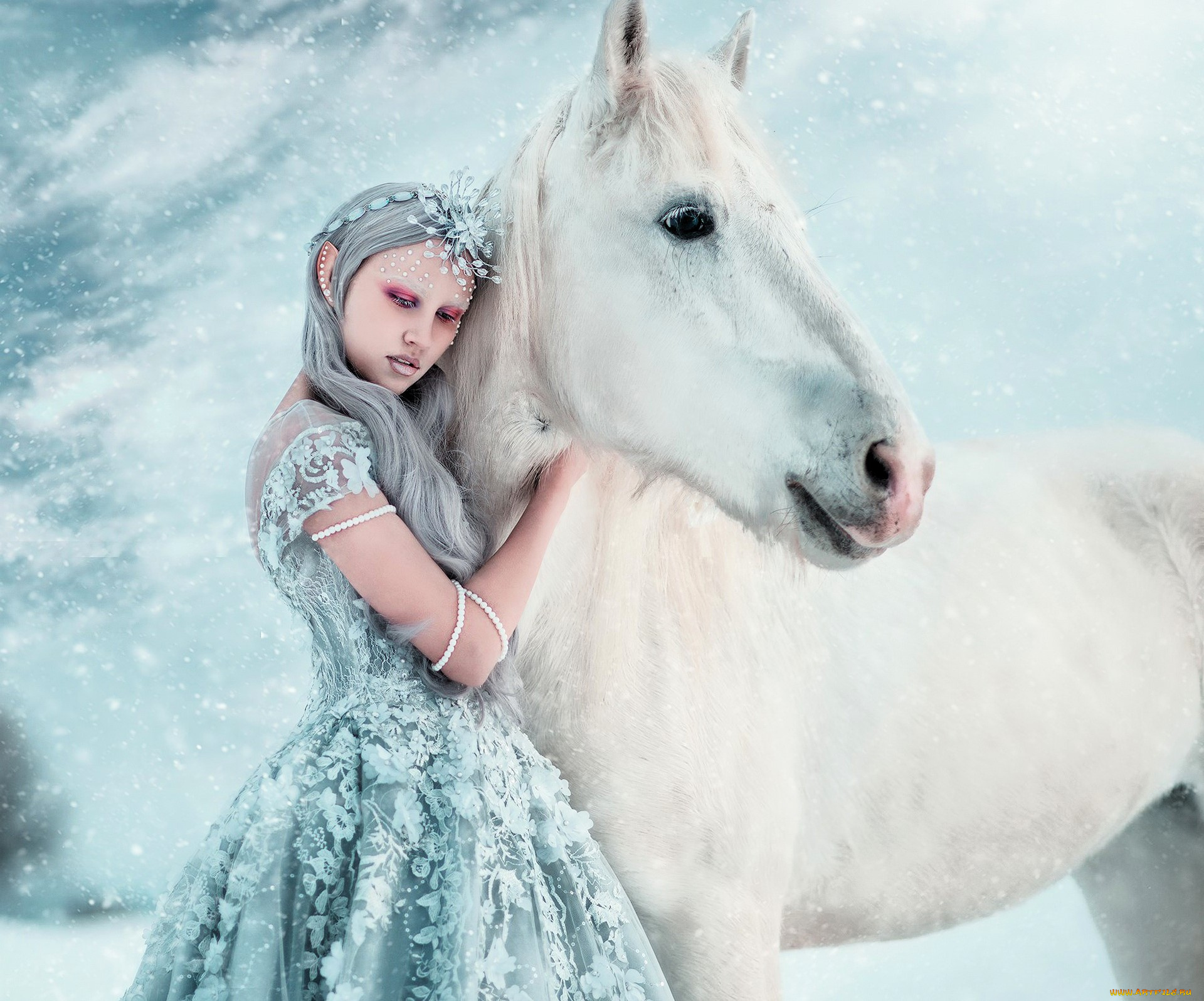 девушки, -, креатив, , косплей, образ, косплей, наряд, костюм, платье, лошадь, зима, снег