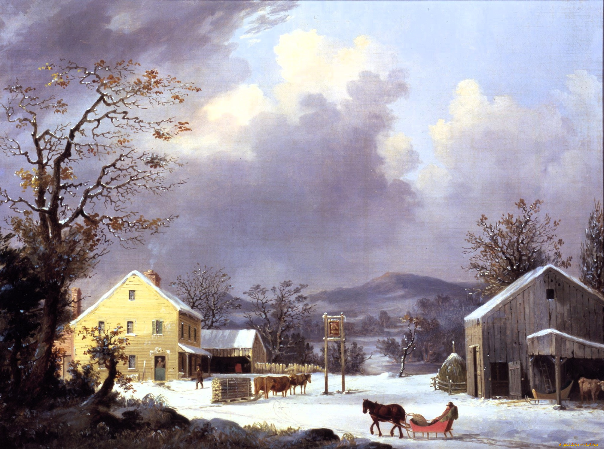 durrie, jones-in, winterweb, рисованное, живопись, зима, снег, горы, дома, деревья, сани