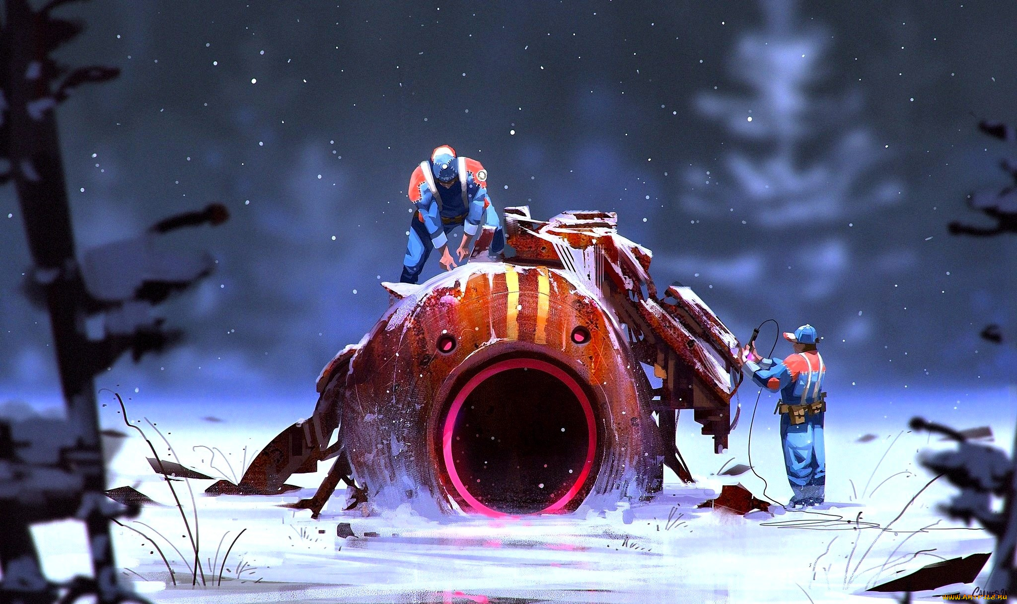 фэнтези, роботы, , киборги, , механизмы, техника, люди, ремонт, снег, зима, лес