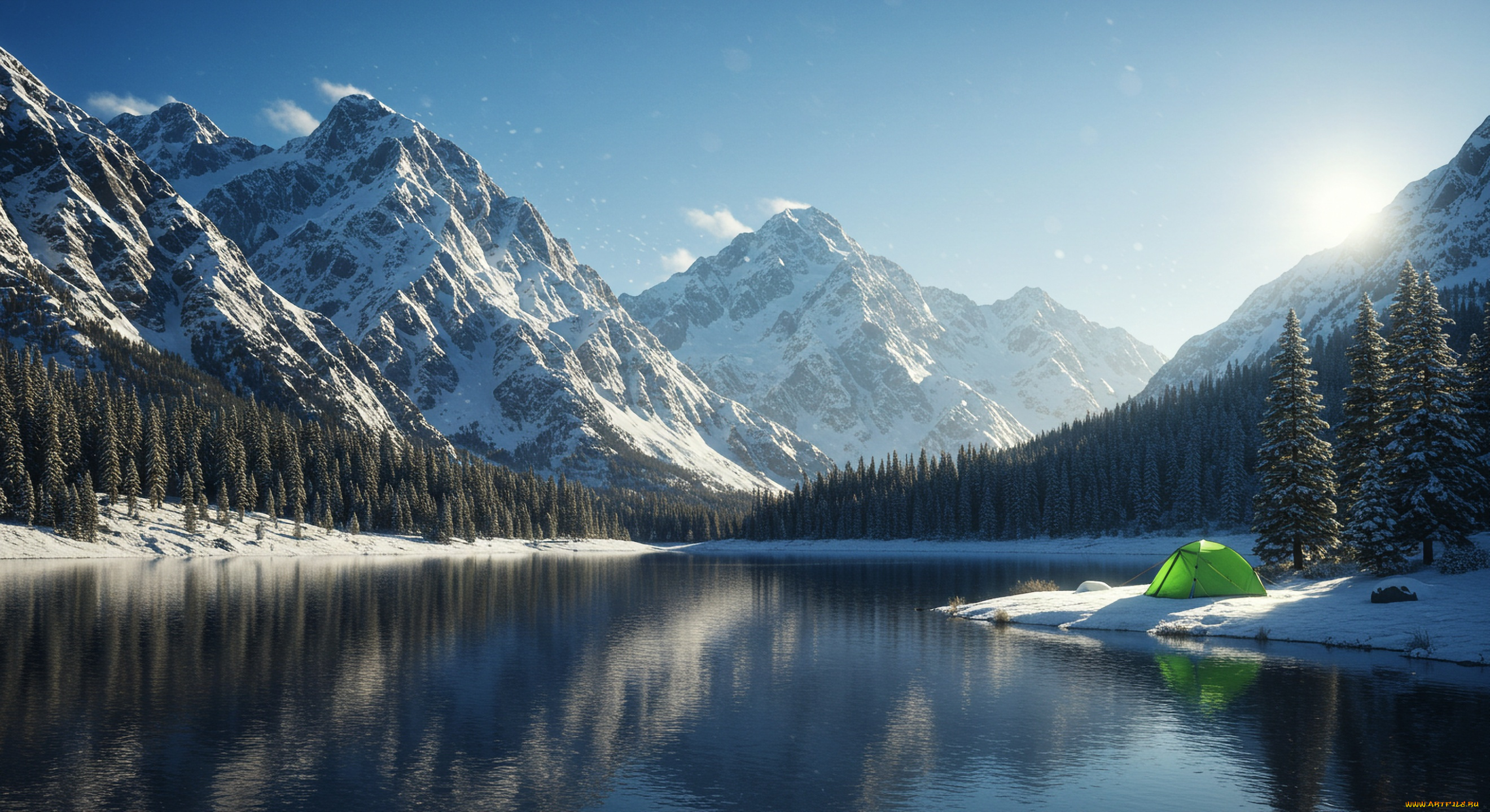 красота, 3д, графика, природа, , nature, небо, облака, солнце, горы, скалы, снег, зима, деревья, лес, озеро, берега, палатка, зелёная