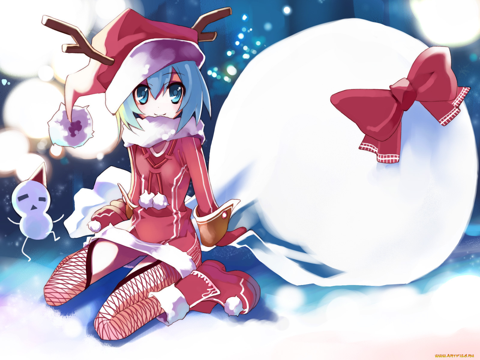 аниме, merry, chrismas, winter, cirno, touhou, девушка, новый, год, зима, снег, костюм, мешок, подарки, шапка, бант, снеговик, рога