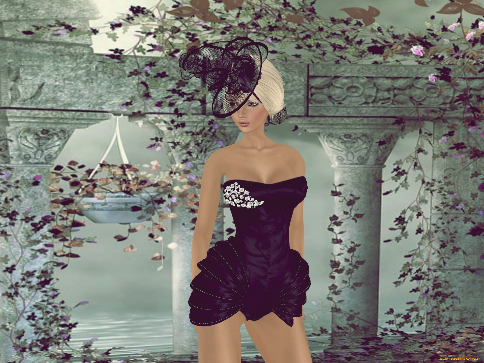 3д, графика, people, люди, девушка, шляпка, платье