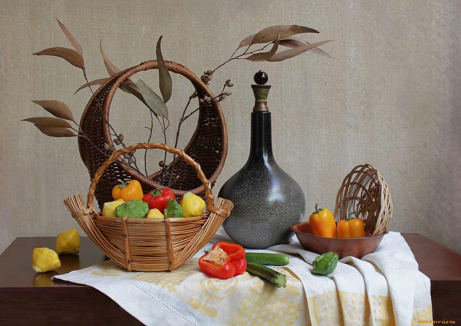еда, натюрморт, патиссон, кабачки, перец, ваза, корзина