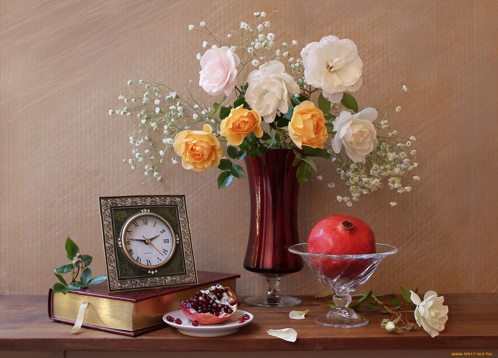 еда, гранат, часы, розы, букет, книга