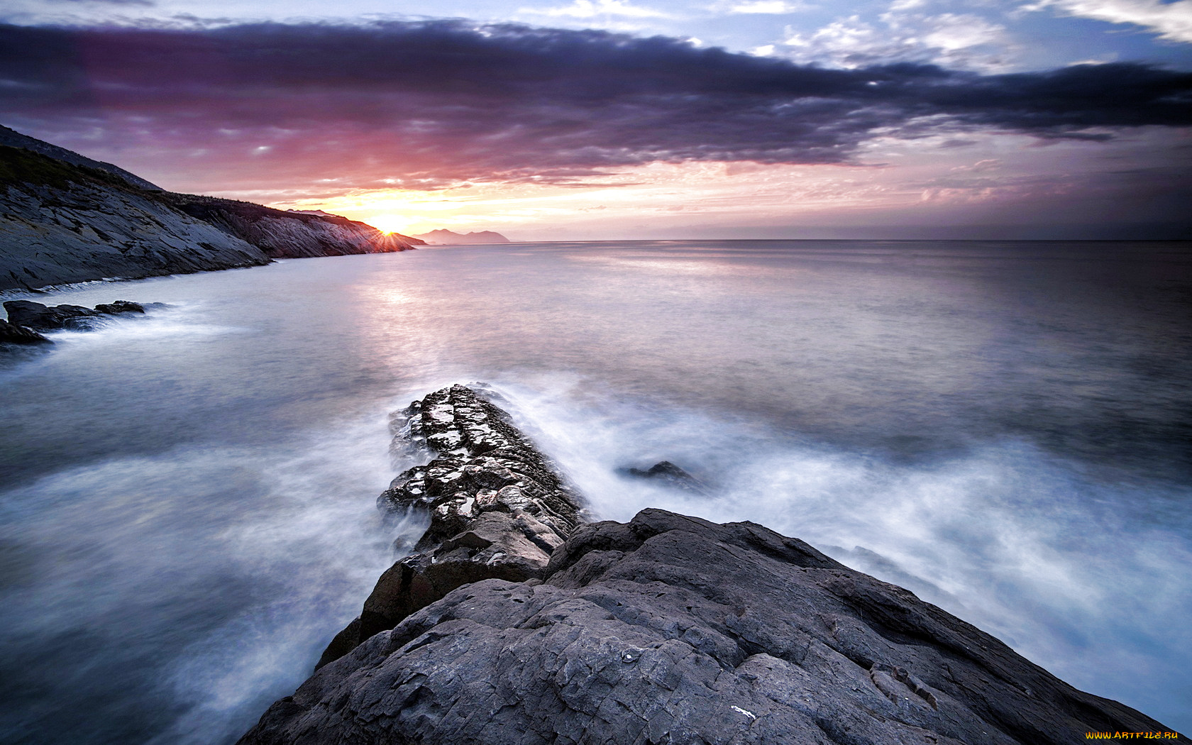 природа, побережье, каменный, мыс, море, облака