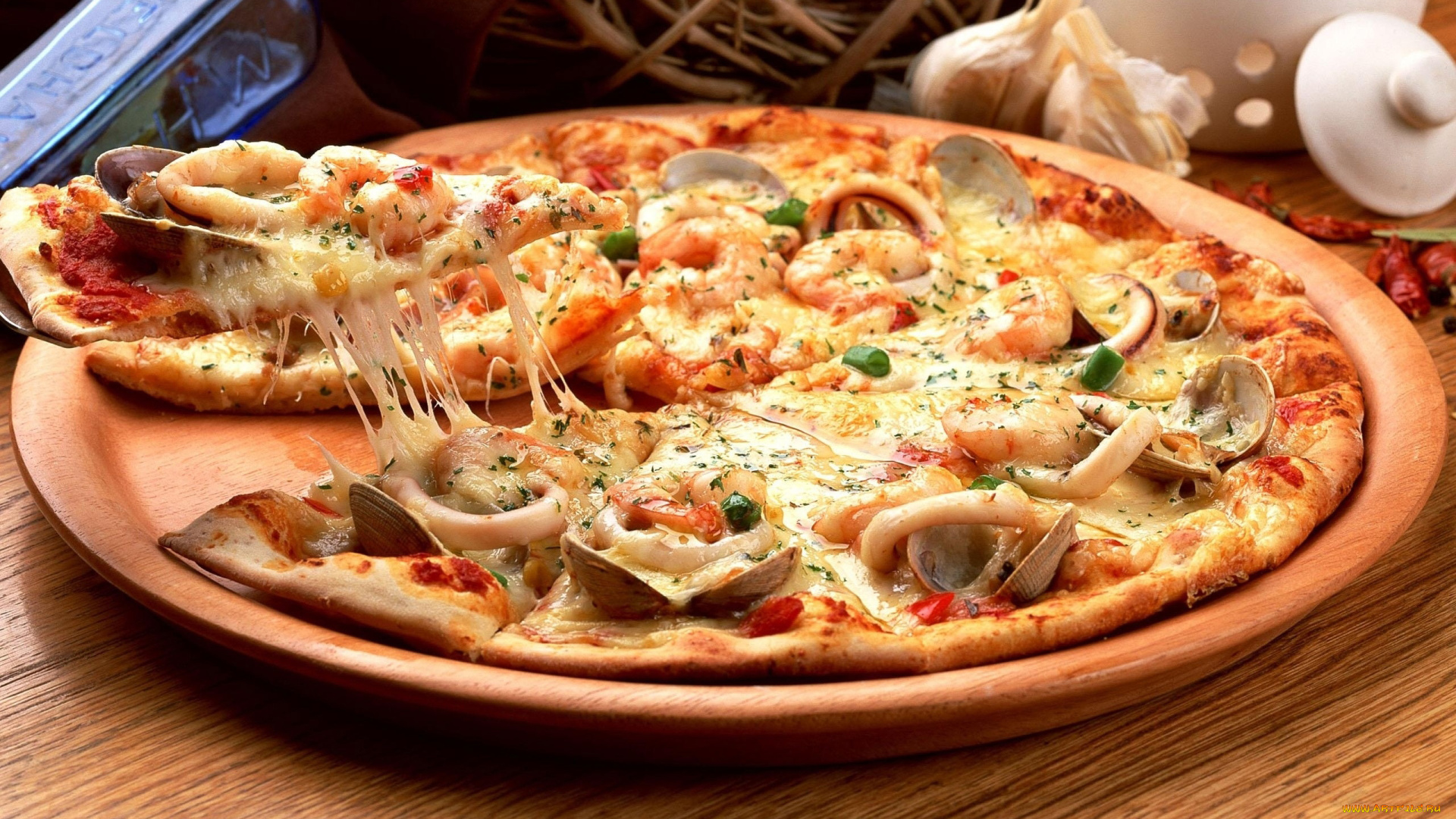 еда, пицца, ломтики, кальмар, мидии