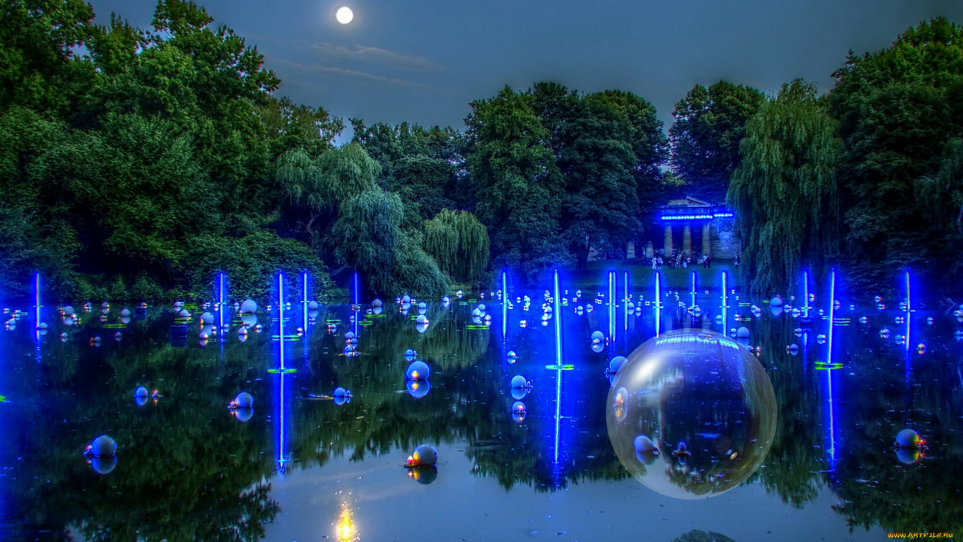 германия, брауншвейг, burgerpark, природа, парк, огни, ночь