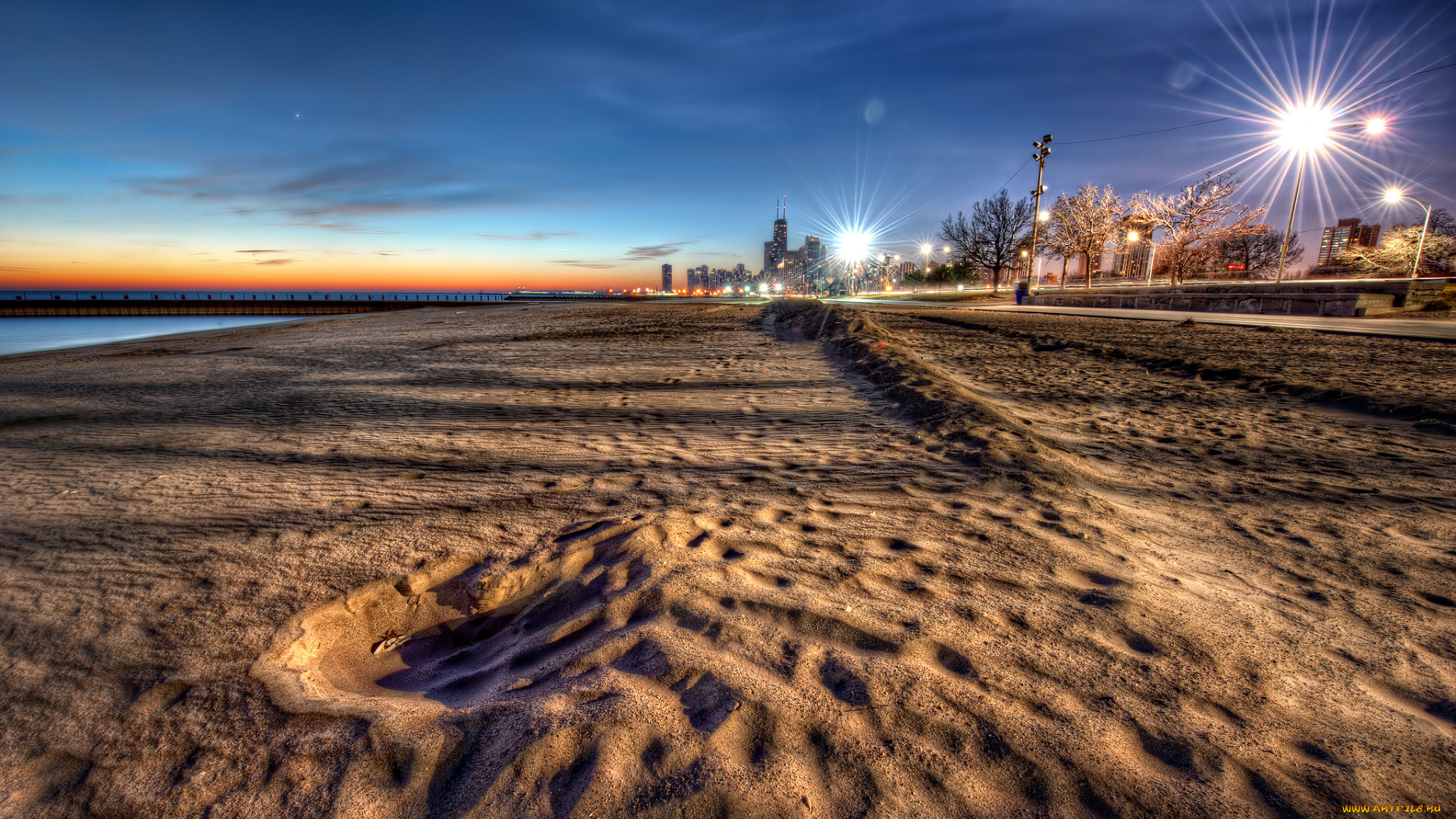 природа, побережье, пляж, песок, фонари, вечер, горизонт