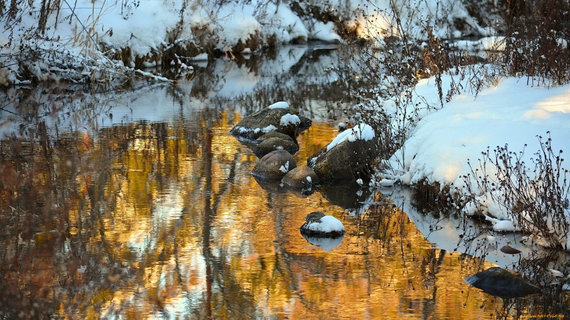 природа, реки, озера, река, трава, снег