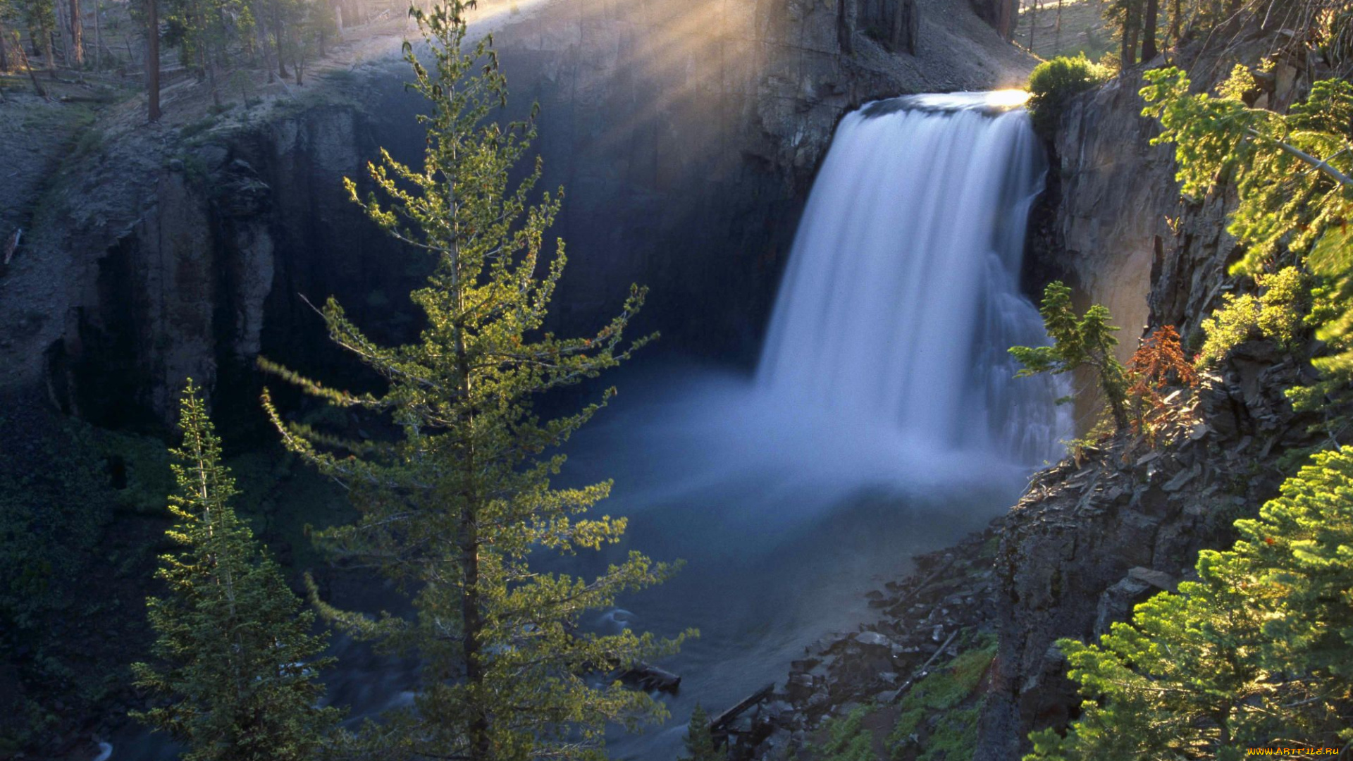 природа, водопады, водопад, обрыв, река, свет, лес