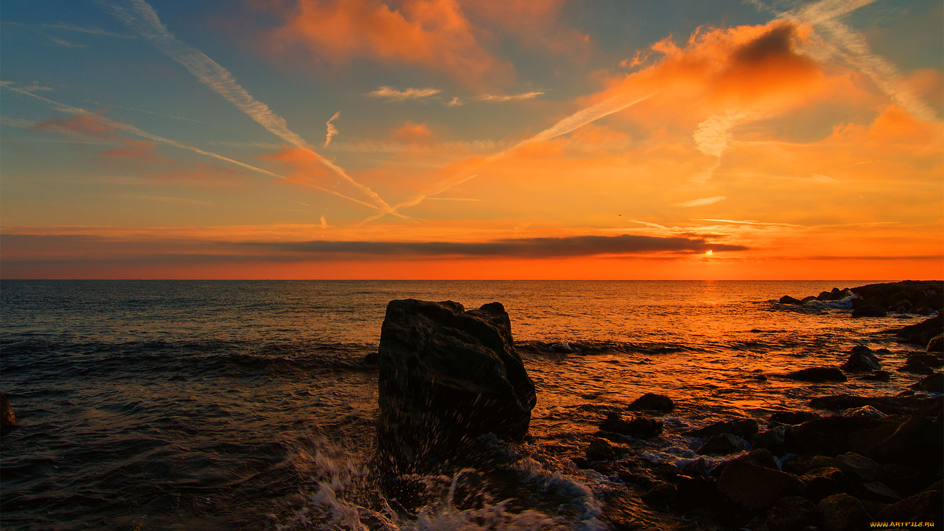 природа, восходы, закаты, багровый, фон, закат, горизонт, камни, океан