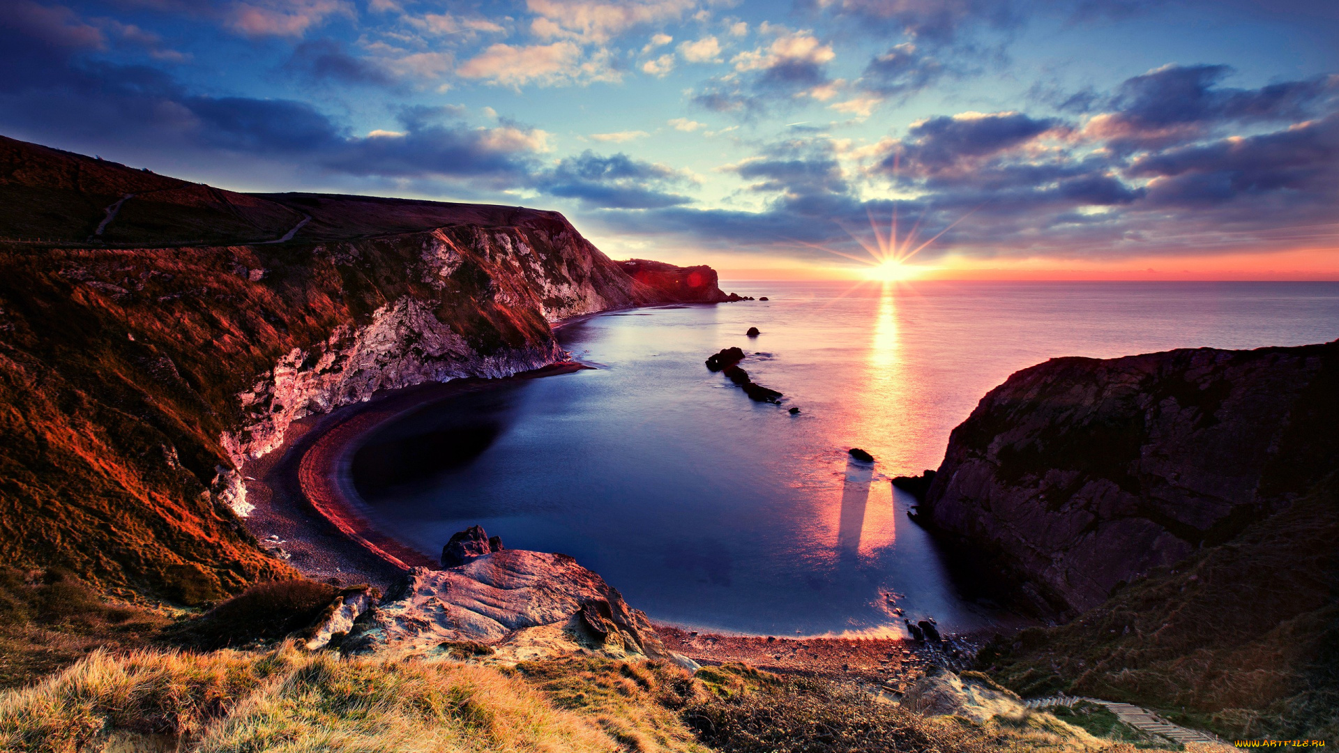 природа, восходы, закаты, бухта, тучи, закат, океан, скалы, камни