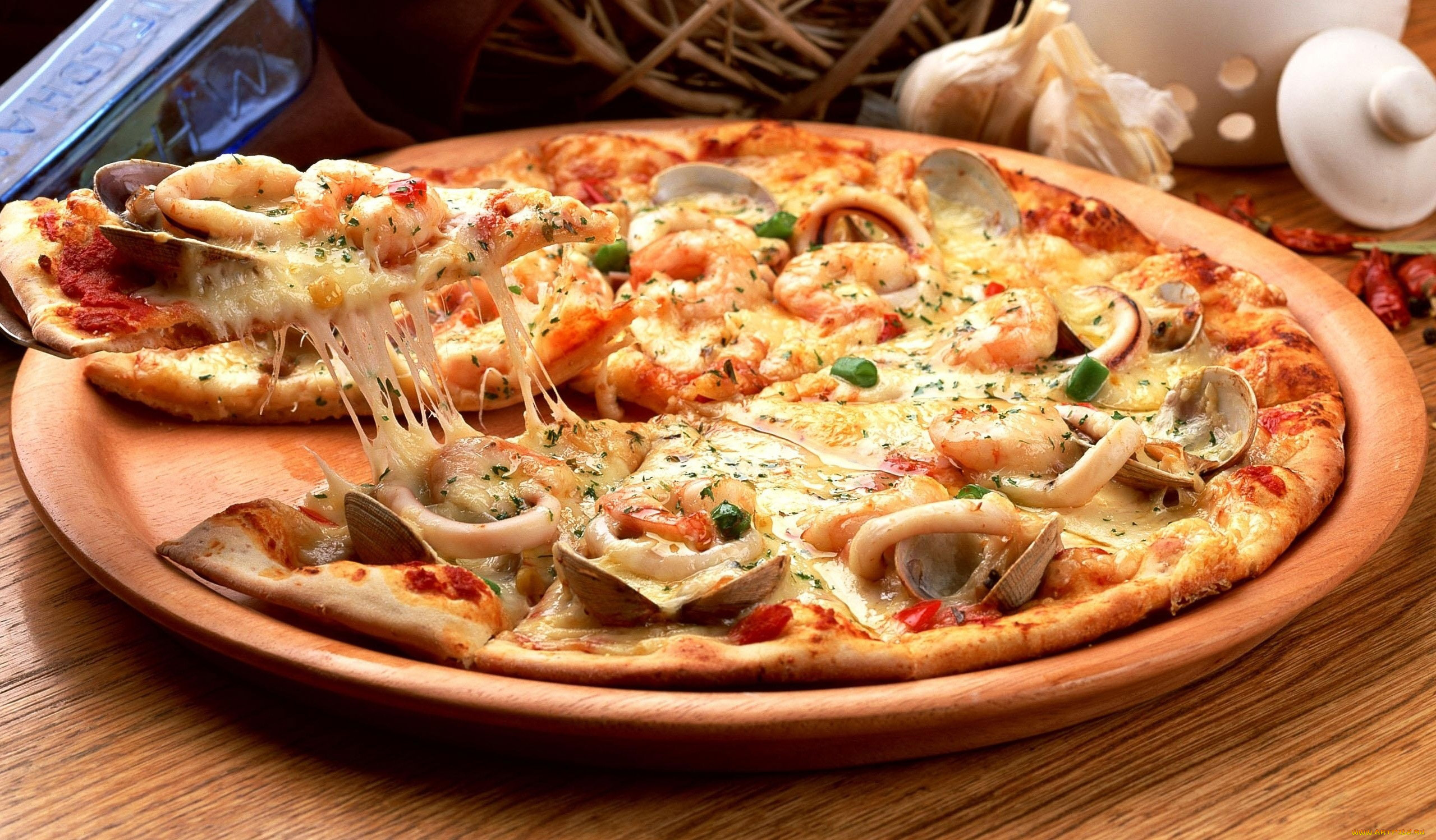 еда, пицца, ломтики, кальмар, мидии