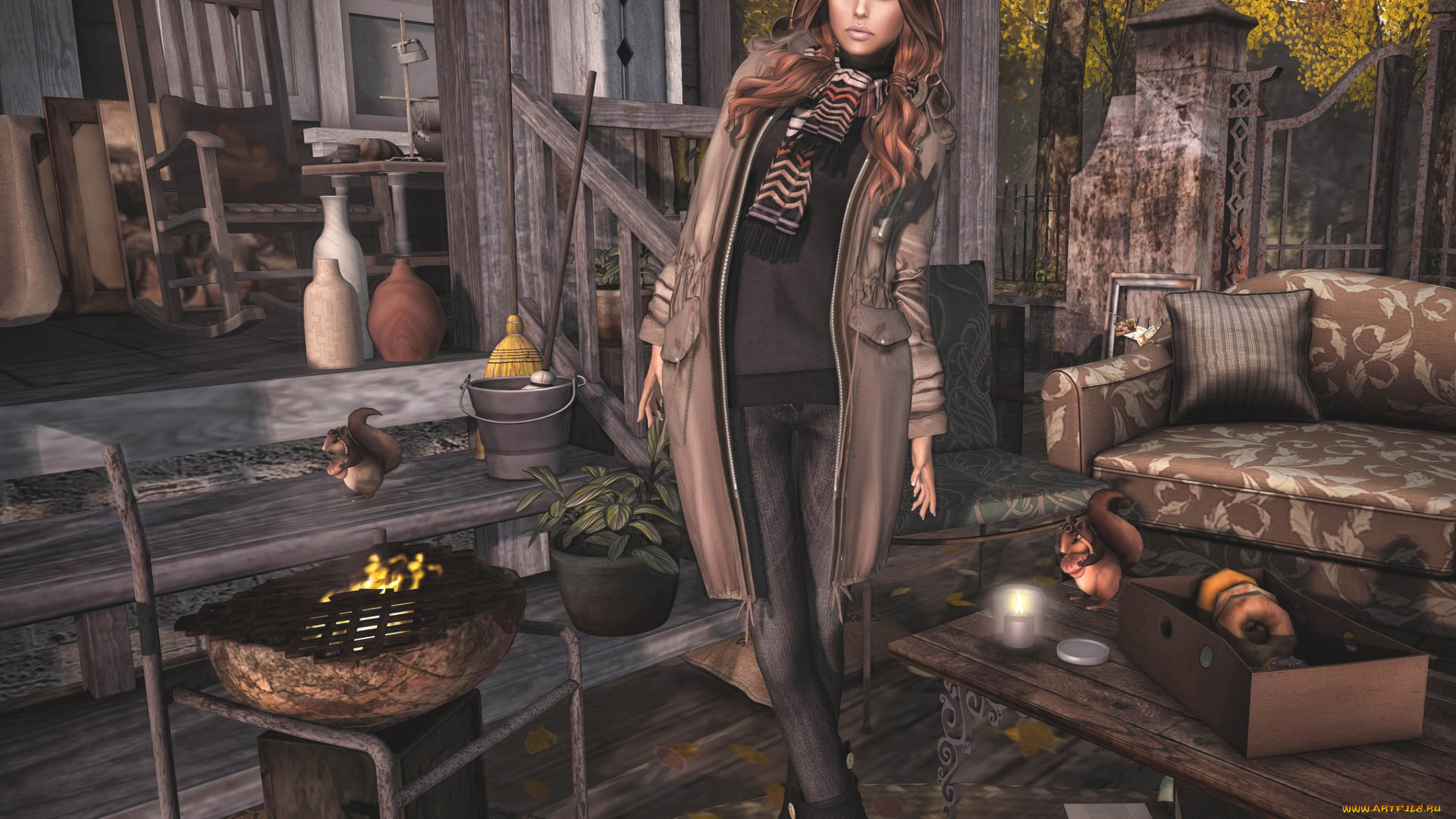 3д, графика, people, , люди, девушка, двор, белки