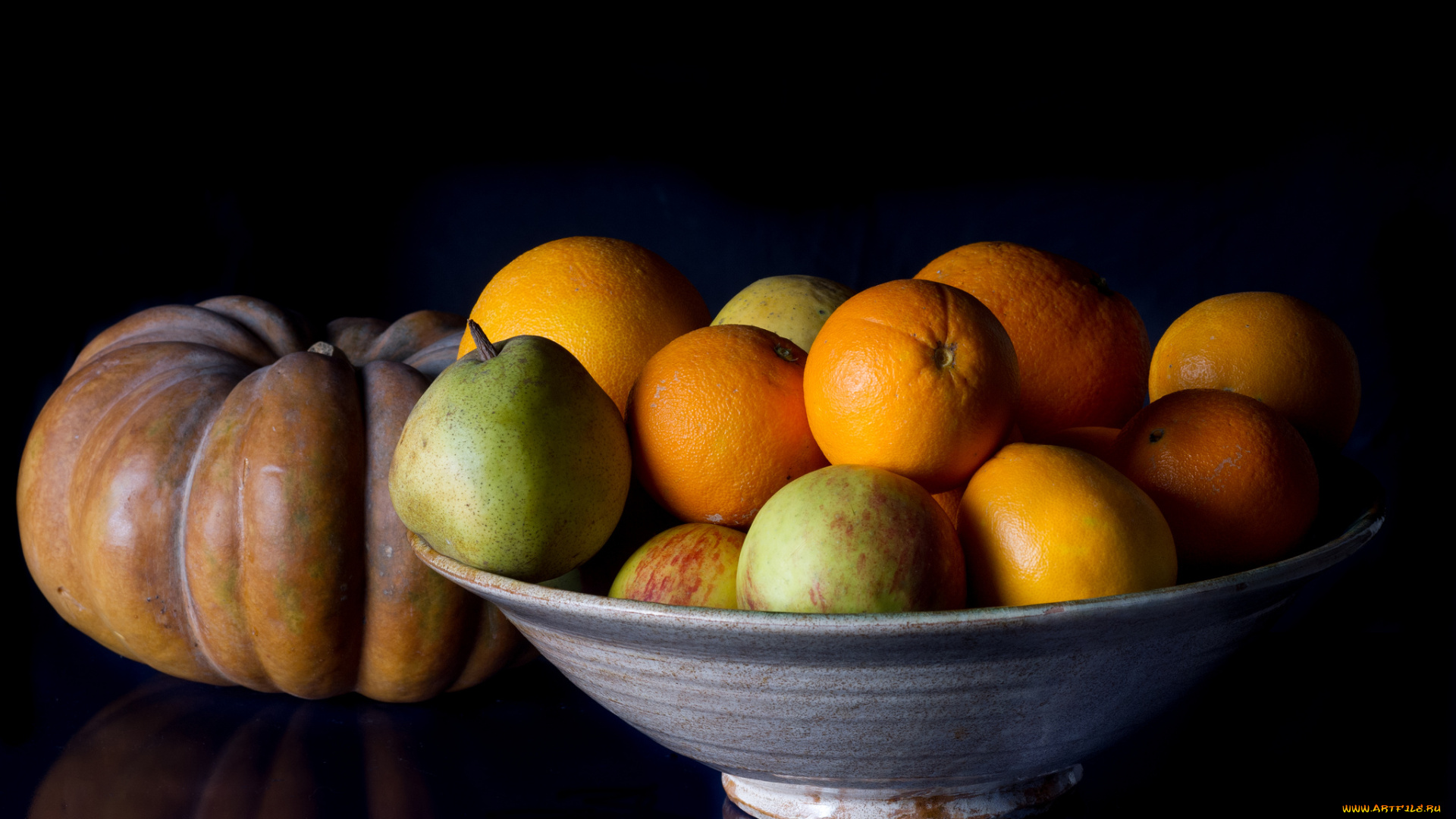 еда, фрукты, и, овощи, вместе, миска, апельсины, яблоки, груша, тыква