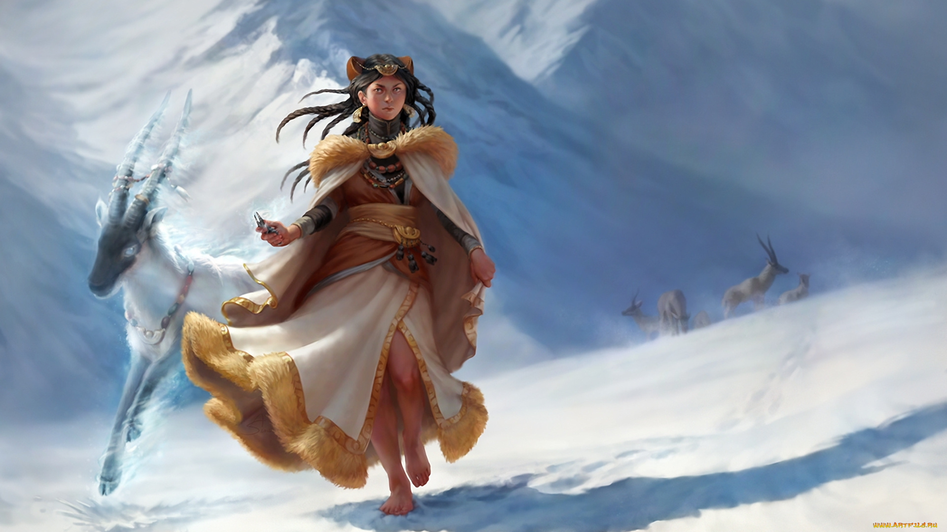 фэнтези, девушки, босая, снег, девушка, горы, козлы, горные