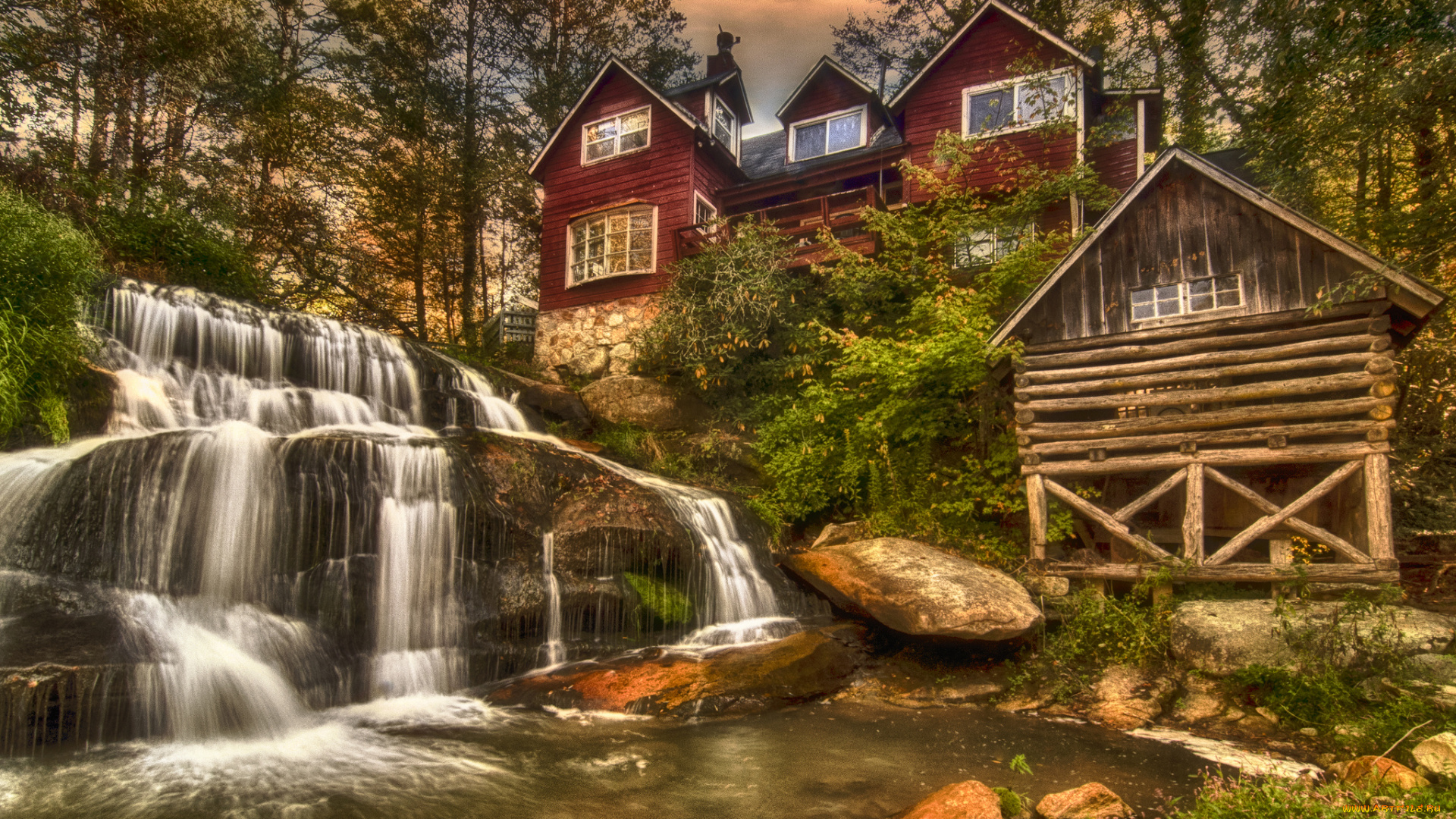 города, -, пейзажи, водопад, загородный, обрыв, река, дом