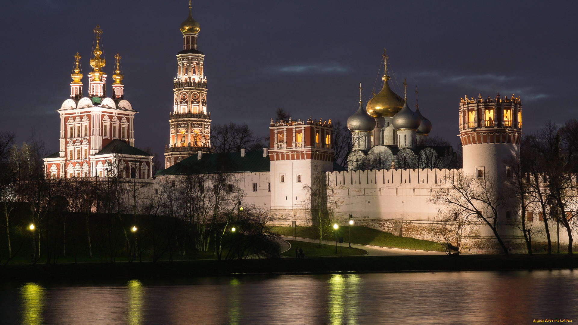 новодевичий, монастырь, города, -, православные, церкви, , монастыри, отражение, ночь, река, москва
