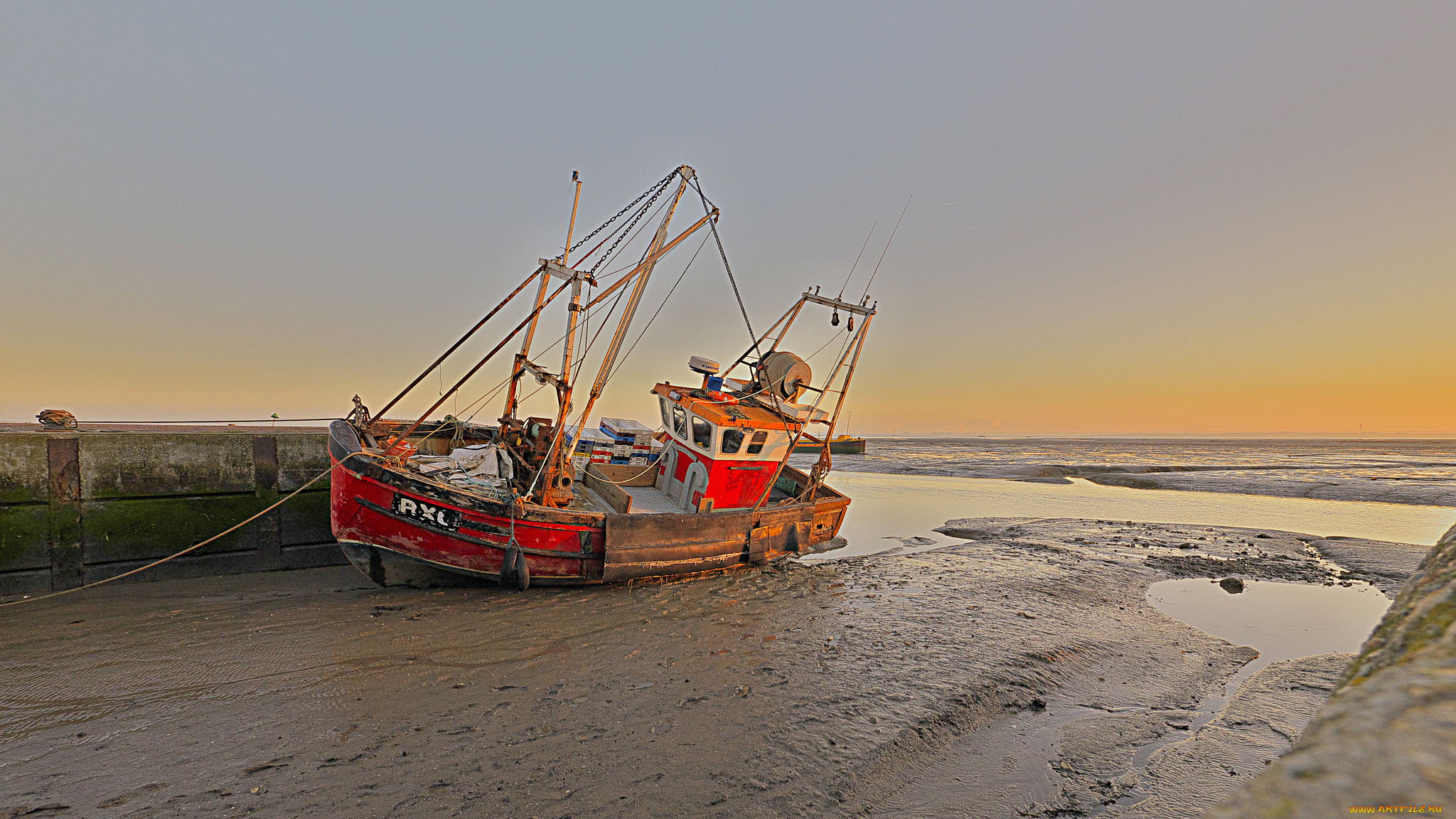 корабли, баркасы, , , буксиры, океан, пляж, отлив, баркас