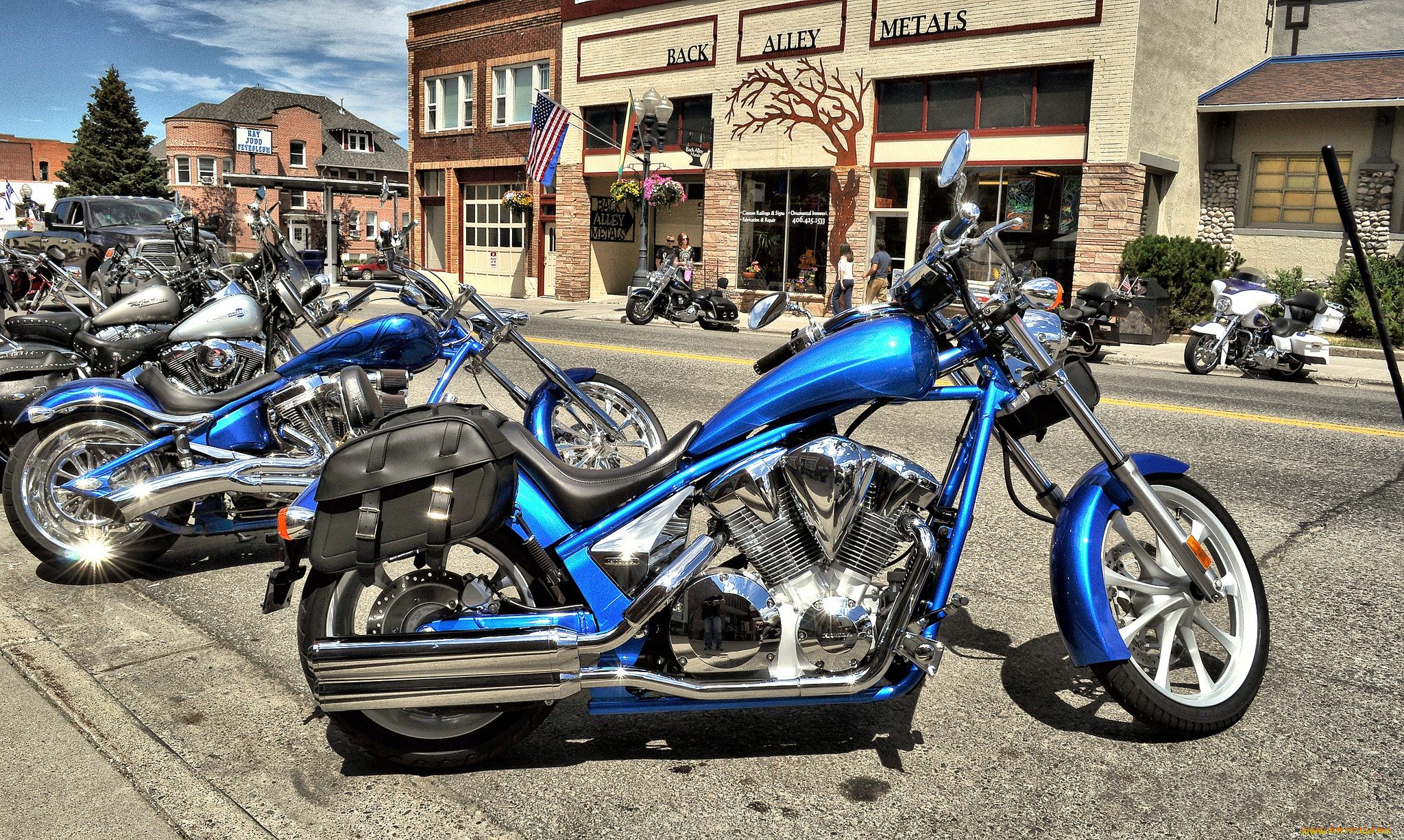 мотоциклы, разные, вместе, байки, тротуар, улица