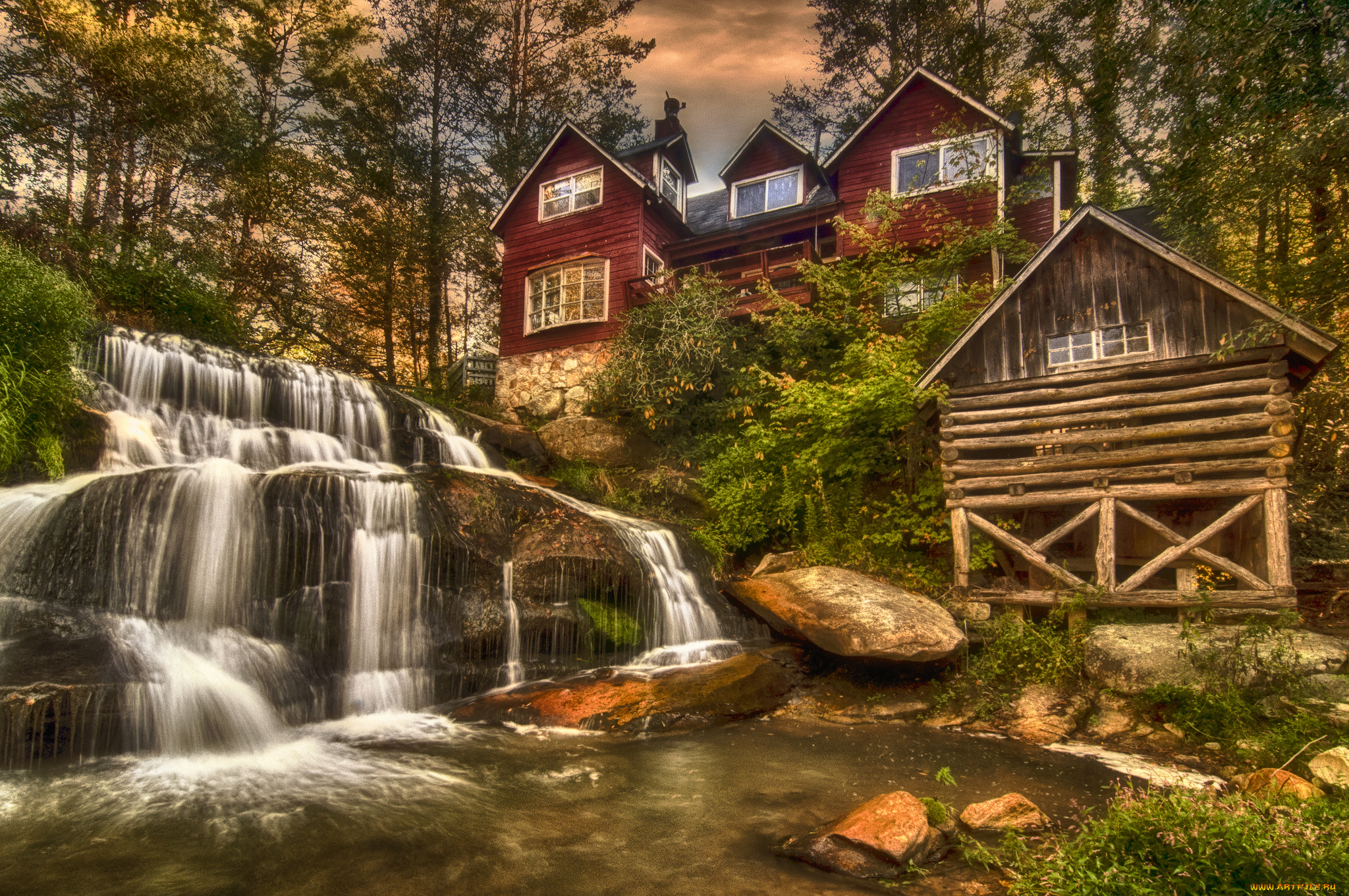 города, -, пейзажи, водопад, загородный, обрыв, река, дом