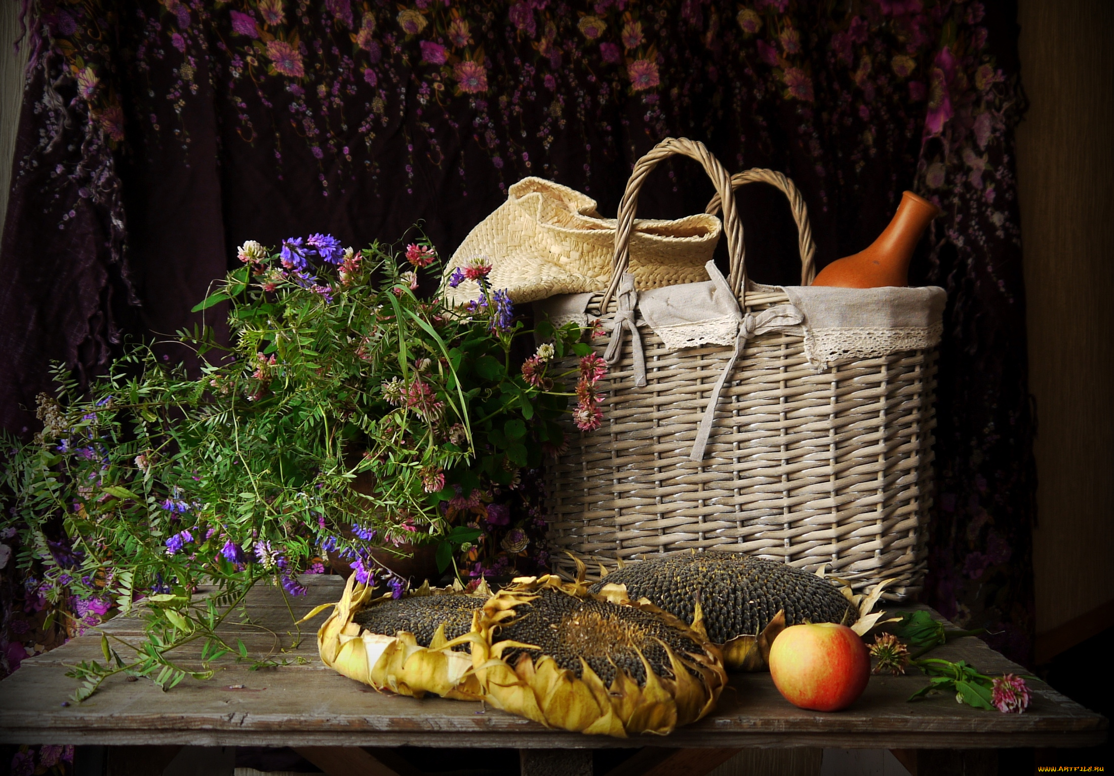 еда, натюрморт, семечки, яблоко, корзина, горошек