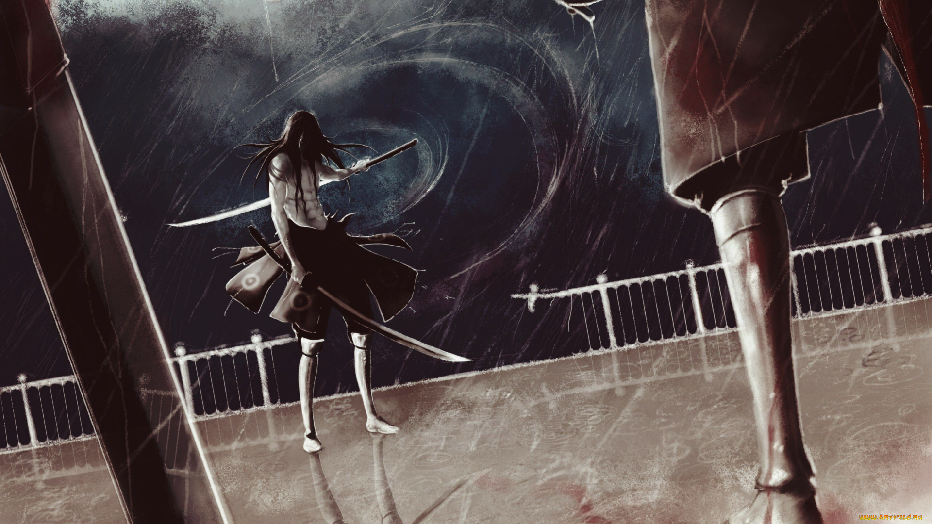 фэнтези, люди, мечи, дождь, оружие, парень, шторм