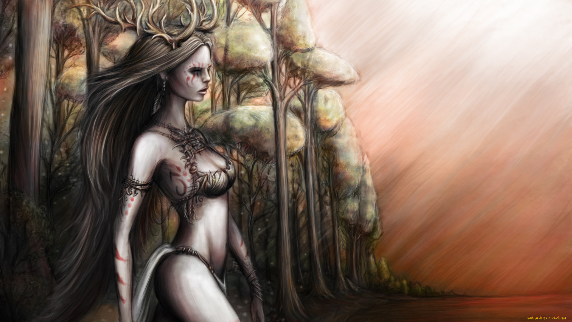 фэнтези, существа, небо, вода, деревья, лес, взгляд, длинные, волосы, рога, девушка, дриада, dryad