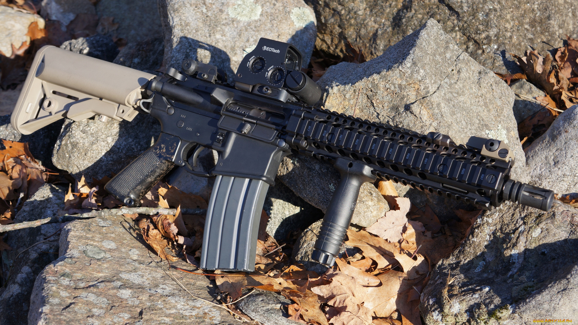 оружие, автоматы, камни, автомат, mk18, листья, осень