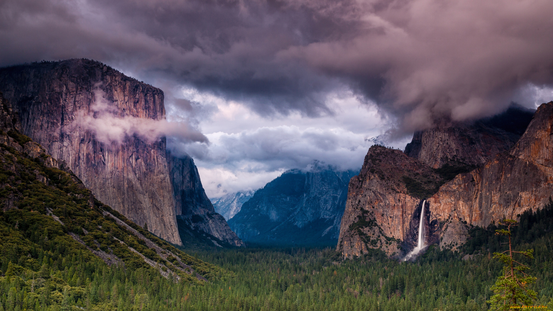 природа, горы, водопад, лес, скалы, тучи, деревья, небо, сша, сьерра-невада, yosemite, national, park