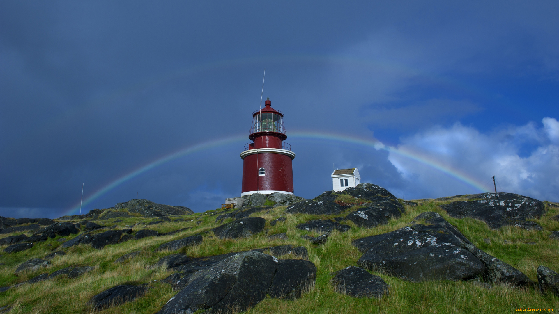 природа, радуга, маяк, побережье